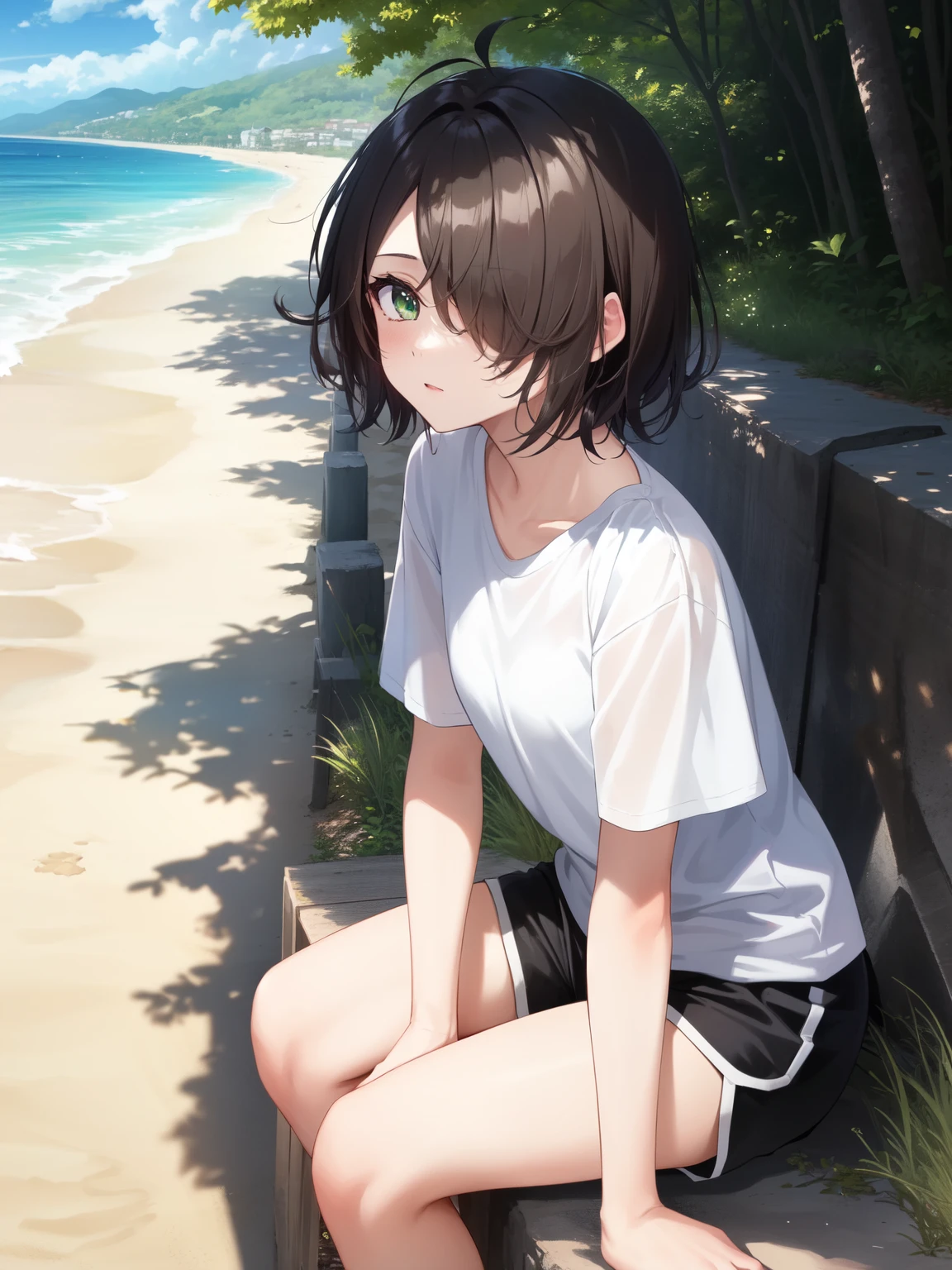 1girl, solo, brown hair, (hair over one eye:1.2), short hair, messy hair, pixie cut, asymmetrical bangs, hair between eyes, green eyes, white shirt, black shorts, against fences, beach, shoreline, road, town