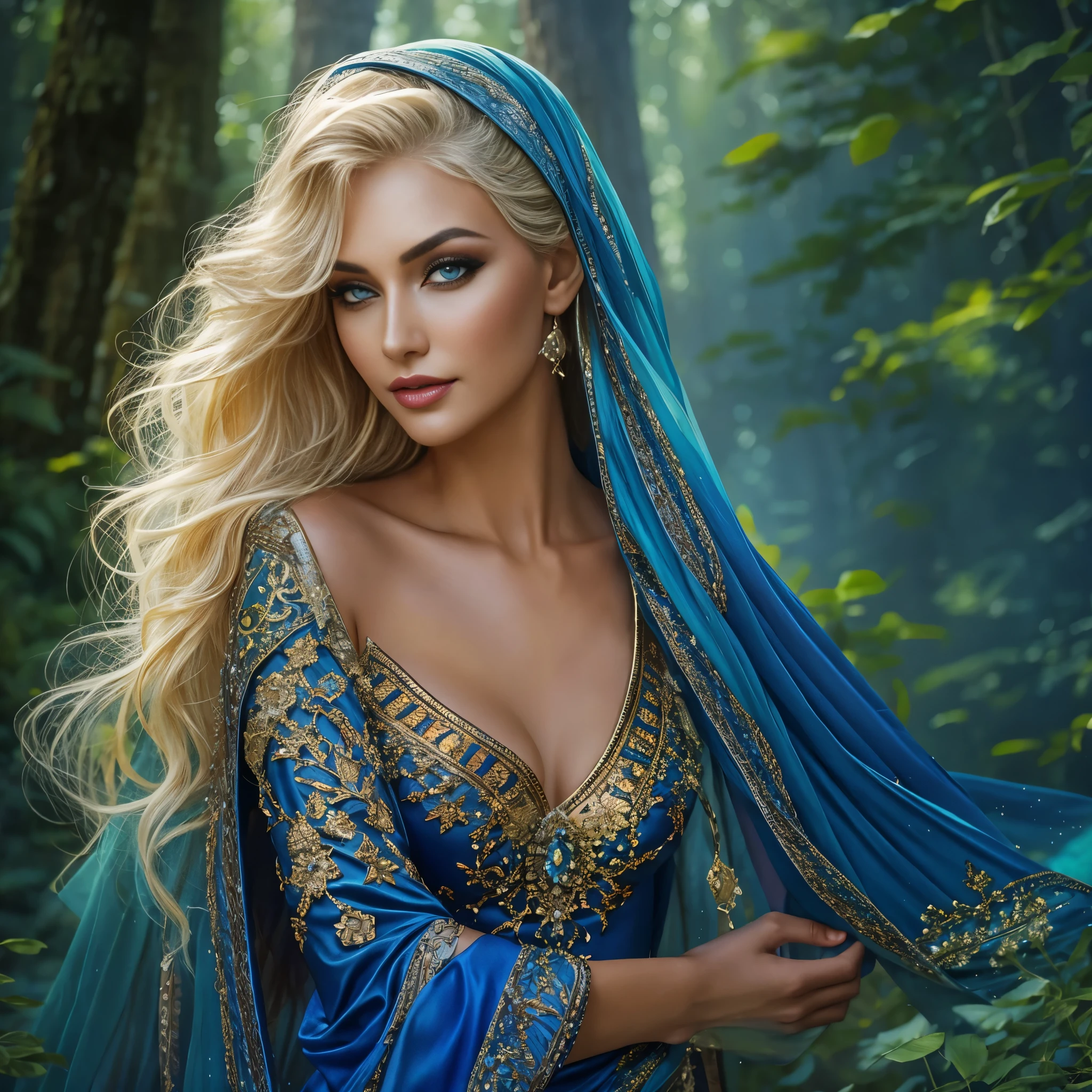 Masterpiece illustration, very detailed face, an immortal sexy elf with timeless beauty, long elegant slim face, defined cheekbones, stunning and beautiful smile, detailed eyeliner and eyeshadow, elegant light hair, enchanting and elegant, detailed full cleavage, very sexy slim figure, elegantly sexy, silk cape, vibrant blue silk clothes, in a vibrant magical forest, ambient light, rim light,