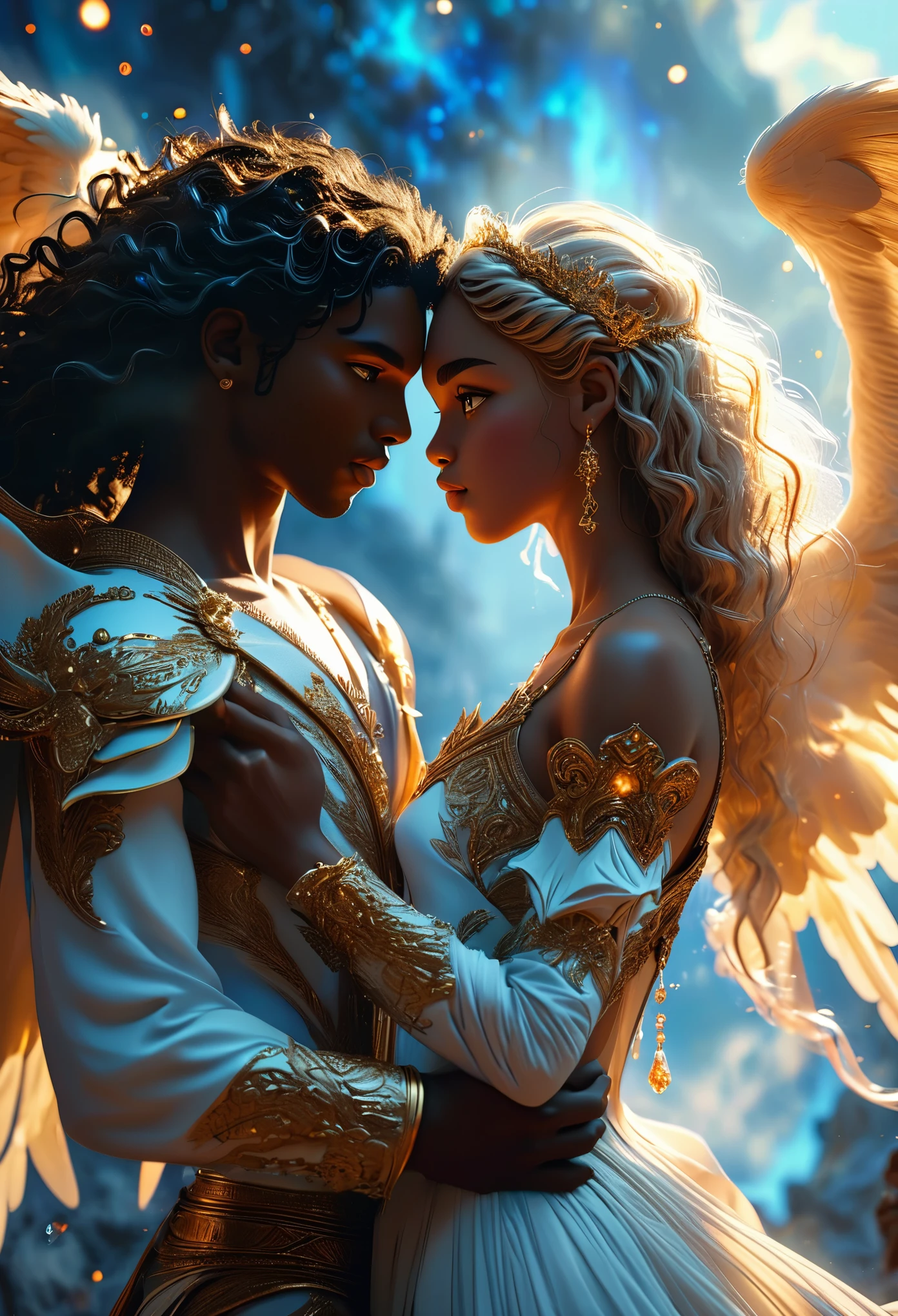 Duo in a celestial landscape, young dark-skinned duo in their 20s, in hell, they are fighting each other, he is a prince of the fallen angels with long curly caramel hair, she is a mixed-race princess, she has freckles, she is blonde with grey eyes, Full body, 8K, extremely detailed, high quality, (photorealistic:1.37), Full body, ideal proportions and defined complexion, meticulously crafted features, unreachable beauty, perfection, breathtaking elegance, g curves, goddess-like figures, divine symmetry, artistic masterpieces, vivid realism, hyper-detailed sculptures, life-like forms, truly awe-inspiring, impeccable craftsmanship, pure radiance, ethereal beauty, delicate contours, striking poses, sublime beauty, subtle nuances, dynamic compositions, vibrant colors, perfect lighting, soulful expressions, celestial aura, majestic presence, dreamlike atmosphere, unmatched gdetailed octane render trending on artstation, 8 k artistic photography, photorealistic concept art, soft natural volumetric cinematic perfect light, chiaroscuro, award - winning photograph, masterpiece, perfect composition, beautiful detailed intricate insanely
