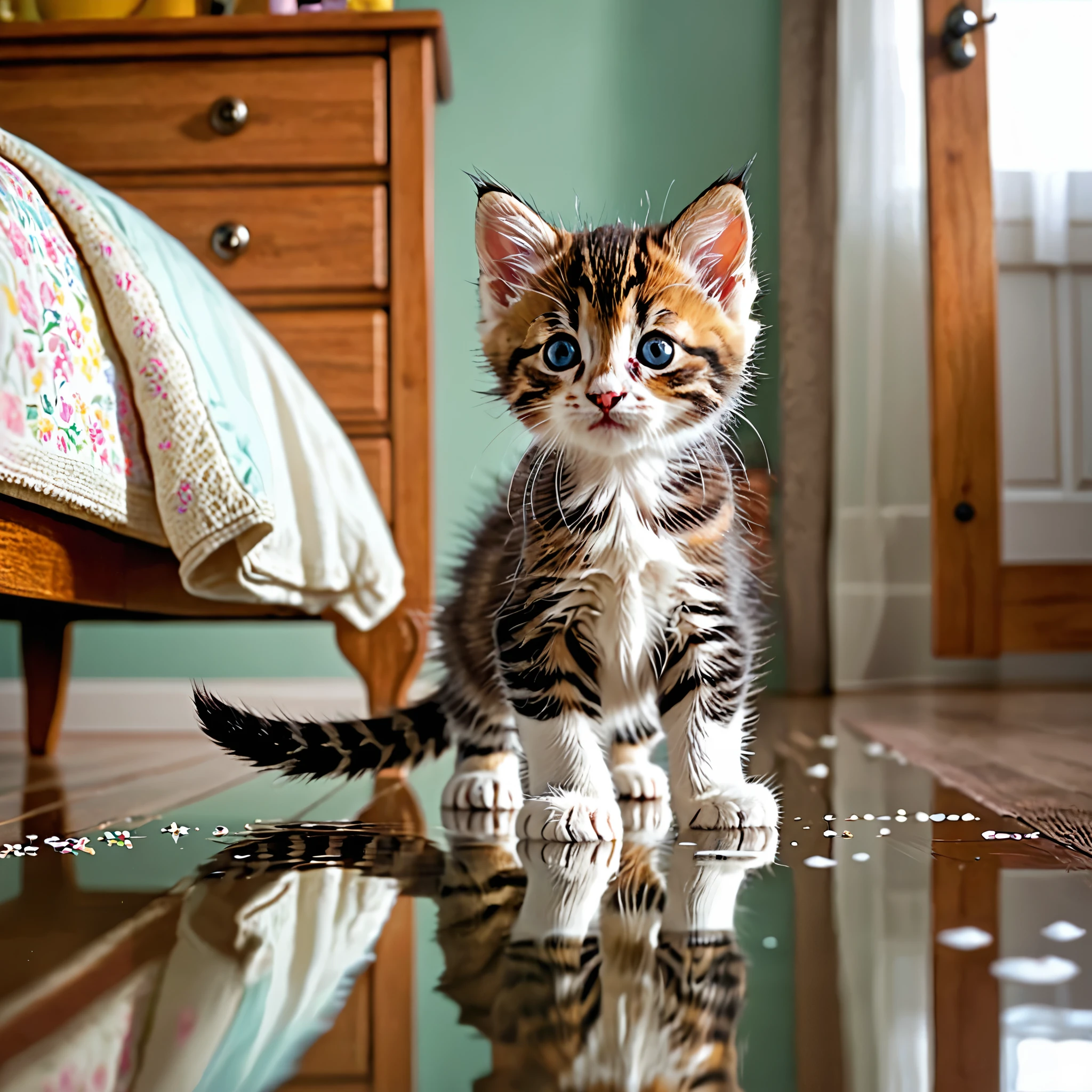 kitten,paws at,reflection,bedroom,dresser,mirror,adorable,furry,curious,innocent,playful,fluffy,tiny,small,round eyes,whiskers,soft fur,gentle paws,cute,exploration,innocence,curiosity,childlike,wonder,delightfulness,fragility,tender,A reflection of innocence and curiosity,playful discovery.+(best quality,4k,8k,highres,masterpiece:1.2),ultra-detailed,(realistic,photorealistic,photo-realistic:1.37),sharp focus,soft lighting,delicate colors,pastel tones,adorable moments,happiness,serenity.