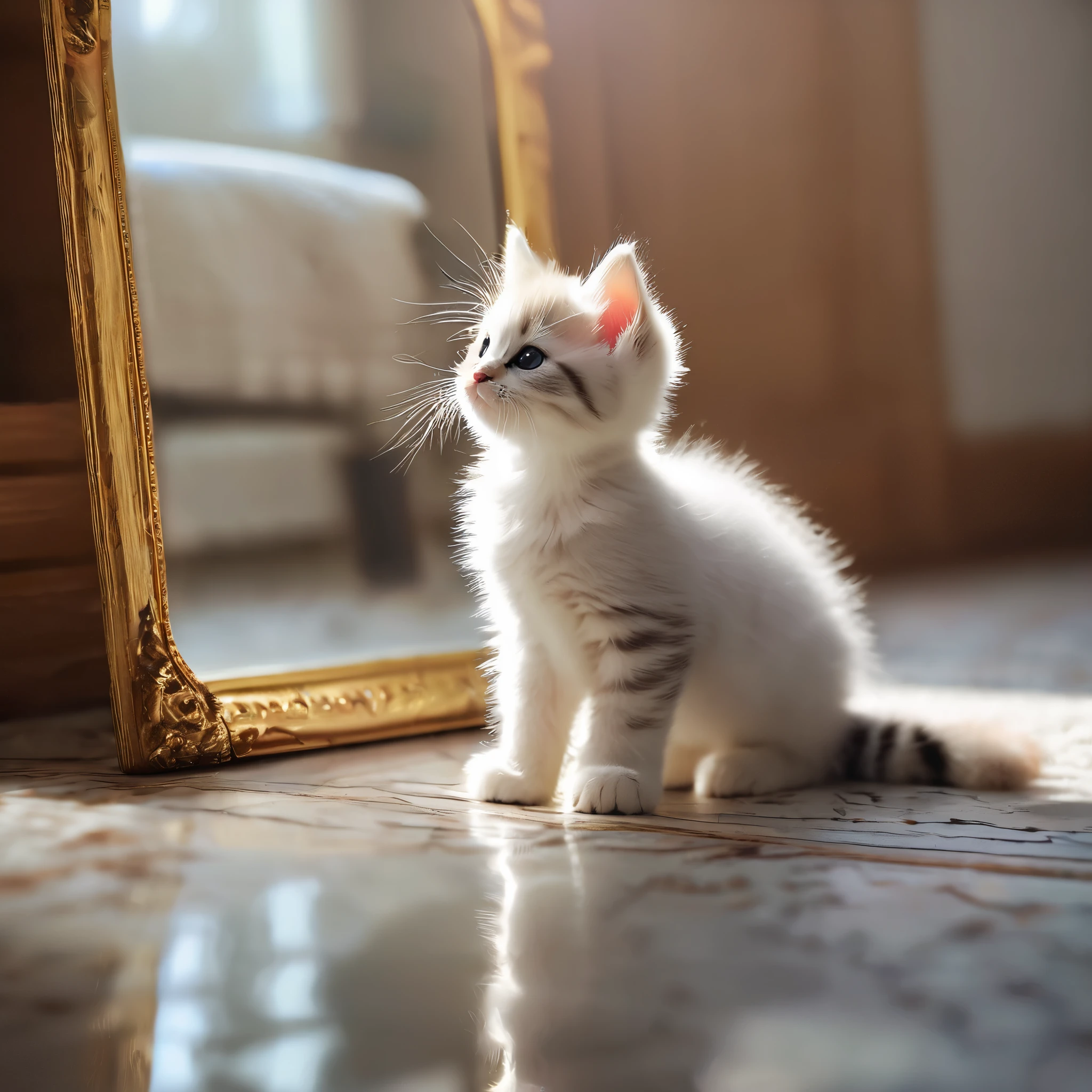 kitten,paws at,reflection,bedroom,dresser,mirror,adorable,furry,curious,innocent,playful,fluffy,tiny,small,round eyes,whiskers,soft fur,gentle paws,cute,exploration,innocence,curiosity,childlike,wonder,delightfulness,fragility,tender,A reflection of innocence and curiosity,playful discovery.+(best quality,4k,8k,highres,masterpiece:1.2),ultra-detailed,(realistic,photorealistic,photo-realistic:1.37),sharp focus,soft lighting,delicate colors,pastel tones,adorable moments,happiness,serenity.