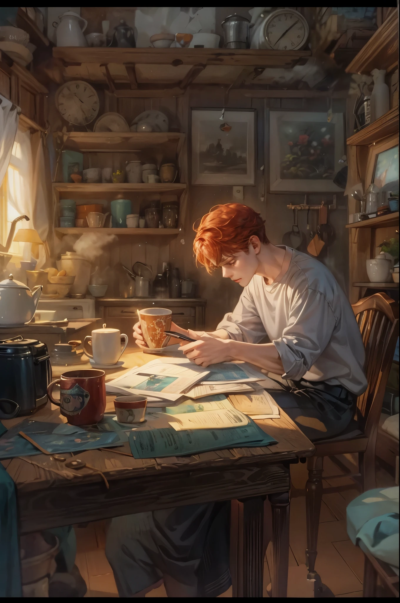 ((Best quality)), ((masterpiece)), (detailed), ((perfect face)), ((halfbody)) handsome young boy artist, red hair, engaging in various activities within his cozy home nestled in a serene forest. Capture moments of his daily life, such as playing ps5, using his smartphone, digital painting, reading, playing a musical instrument, or enjoying a cup of tea, as he explores his creativity and self-discovery, all while surrounded by the warmth and comfort of his sanctuary