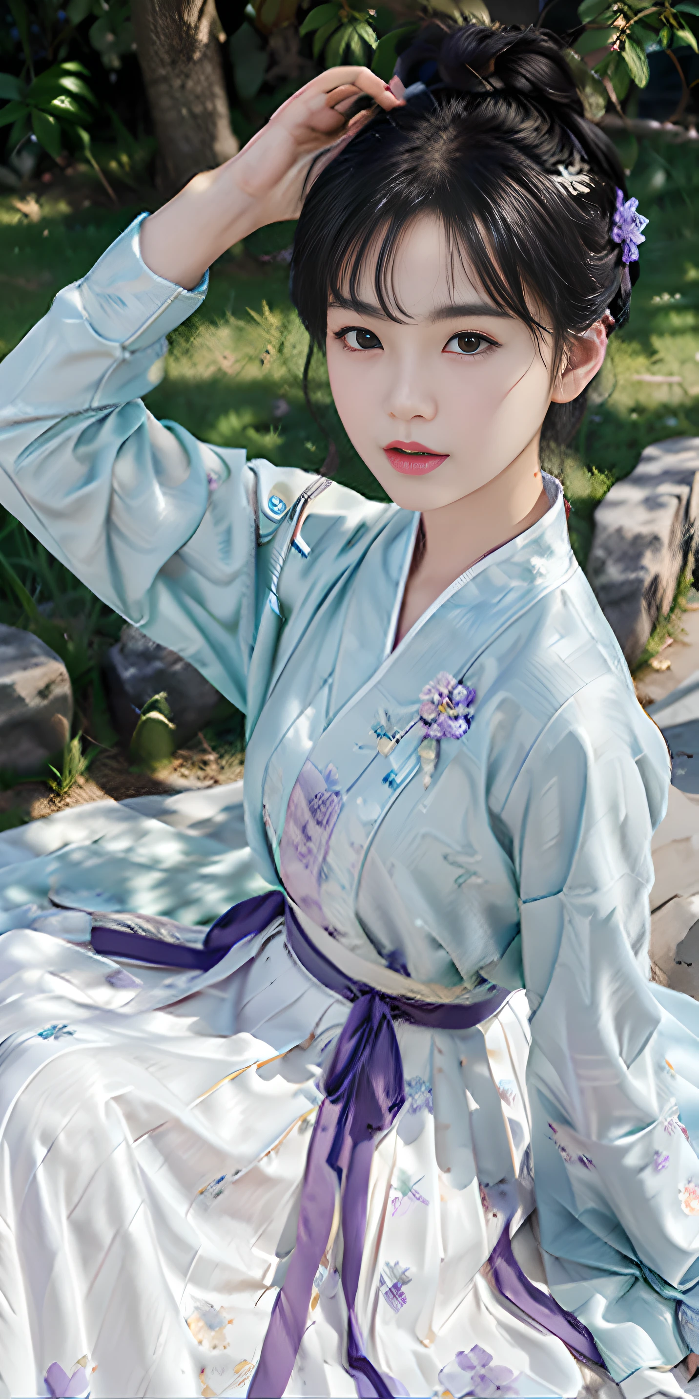 masterpiece, Black_hair, 1 girl, looking at the audience, long_hair, nail_polishing, alone, ancient art, Chinese,(8k, best quality, masterpiece:1.2), (actual, actual:1.2), (background sky: 1.2), (face close up: 1.7), looking at the audience, Hanfu, 1 girl, (Purple flower pine ink: 1.1), face close up, Detailed face, Hanfu, song, long shan, pleated skirt,movie lighting, motion blur, Ray tracing, divine light, bloom, shadow, close up, lens flare, UHD, masterpiece, precise, anatomically correct, textured skin, Ultra-detailed, high detail, high quality, Award-winning, best quality, high resolution, 16k, HD, face close up, close up, close up, aprecise, right hand, (anatomically correct: 1.5),