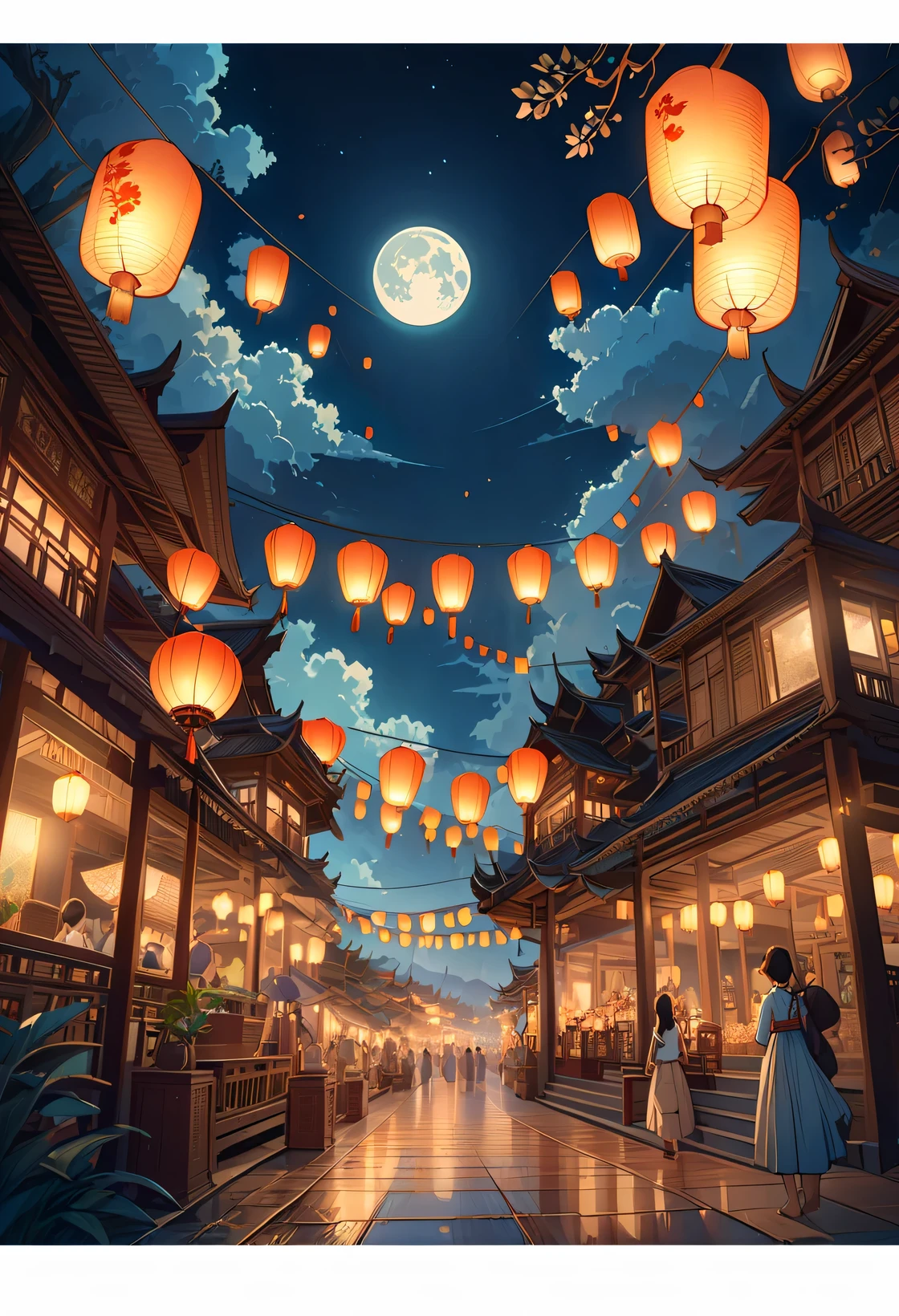 north , Lanna style, night time, full moon, Many floating lanterns in the sky, Thai architecture 2D , faded picture ,vintage color, lined, Very high quality work , Very high detail , There are many types combined.. , Animation, 4k, attitude, vintage style , Thailand