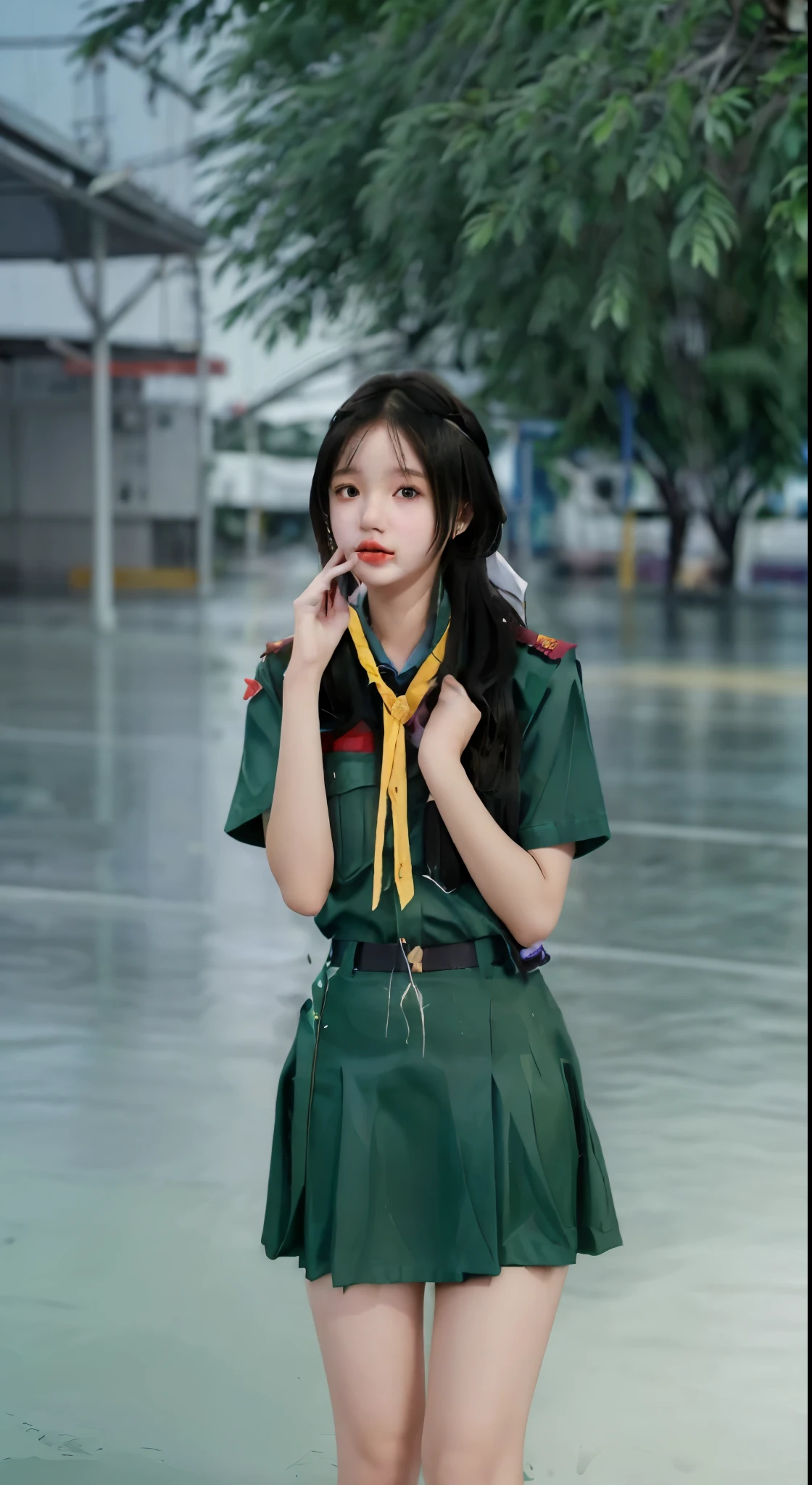 Beautiful young girl wearing scout uniform, mini skirt, white skin, slender shape, raining time, centre of Thailand city, realistic 