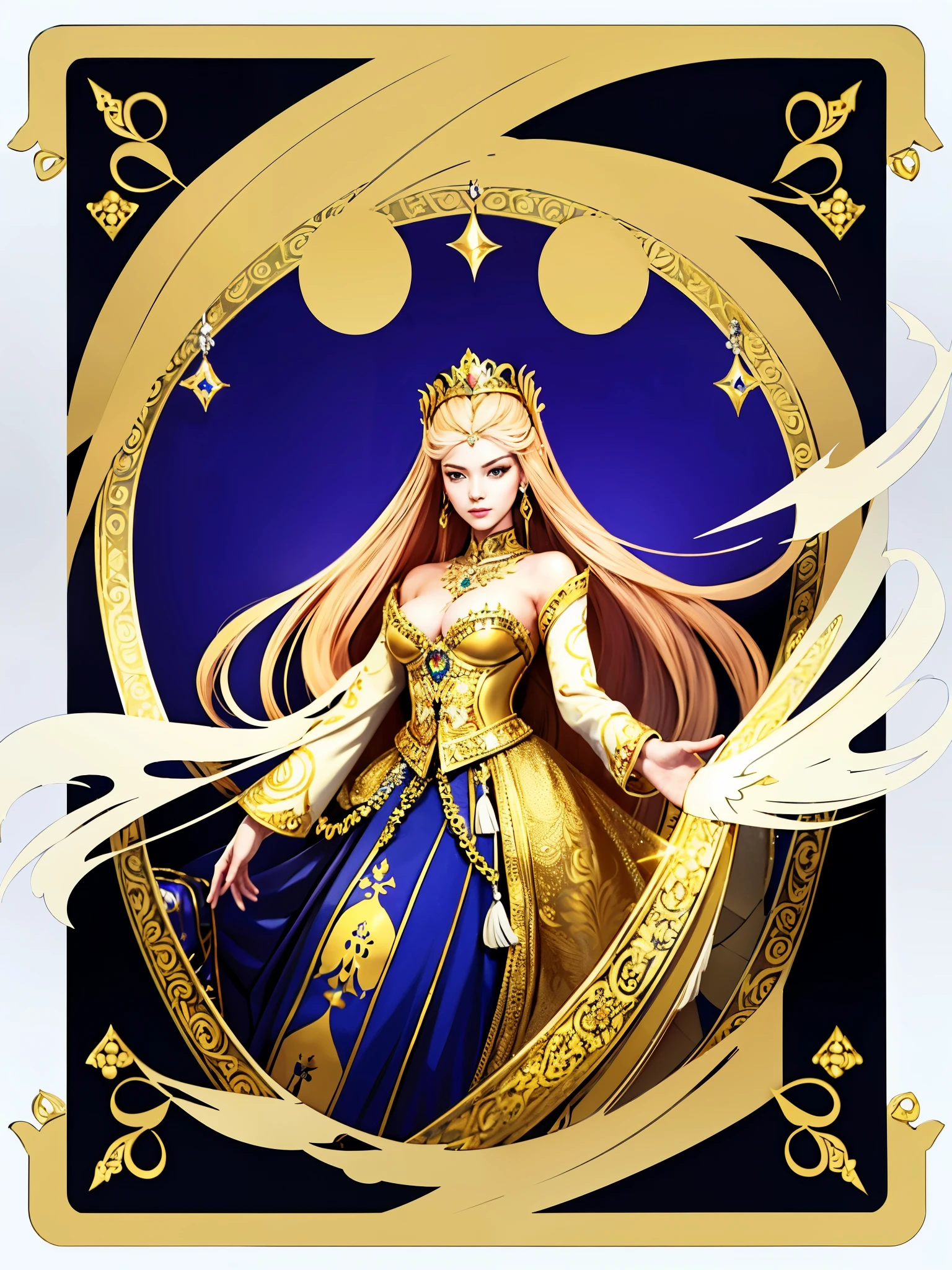 (best quality,4k,8k,highres,masterpiece:1.2),ultra-detailed,(realistic,photorealistic,photo-realistic:1.37),symmetrical design card,Queen of Hearts,playing card,artistic interpretation,charismatic royal figure,elaborate headdress,beautifully detailed facial features,bold and vibrant colors,regal clothing and accessories,ornate patterns and motifs,exquisite craftsmanship,meticulous attention to detail,shining gold and silver accents,decorative filigree and embellishments,royal emblem and symbols,glimmering diamonds and gemstones,fanciful and whimsical elements,elegant and graceful posture,commanding presence,opulent backdrop of a grand palace,illuminated by soft candlelight,subtle shadows and highlights,rich textures and materials,royal court setting,royal guards and attendants in the background,majestic and grand atmosphere.