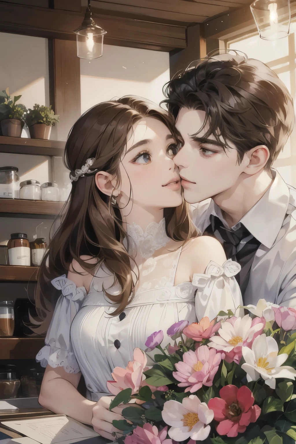 (table top, digital art, digital illustration, 4k, 8k, super detailed, beautiful images, clear image, realistic, RAW photo, perfect face, perfect lines, perfect eyes, soft lighting)1 female, (light brown hair,chignon hair,innocent look,droopy eyebrows,droopy eyes、With a round face,round chin、innocence,cute,Big eyes,natural makeup,smile gently,E cup,23 years old:1.3),Two handsome men in suits, (human,man in suit,muscular、solid shoulder width, boyish hairstyle,A man in his 30s with a cool expression,28 year old man with a bright smile:1.2),garden full of light、lots of flowers、colorful flower light,(embarrassing,shy smile:1.2),kiss、カップルkiss、romance porn、couple of man and woman hugging each other、flower shop