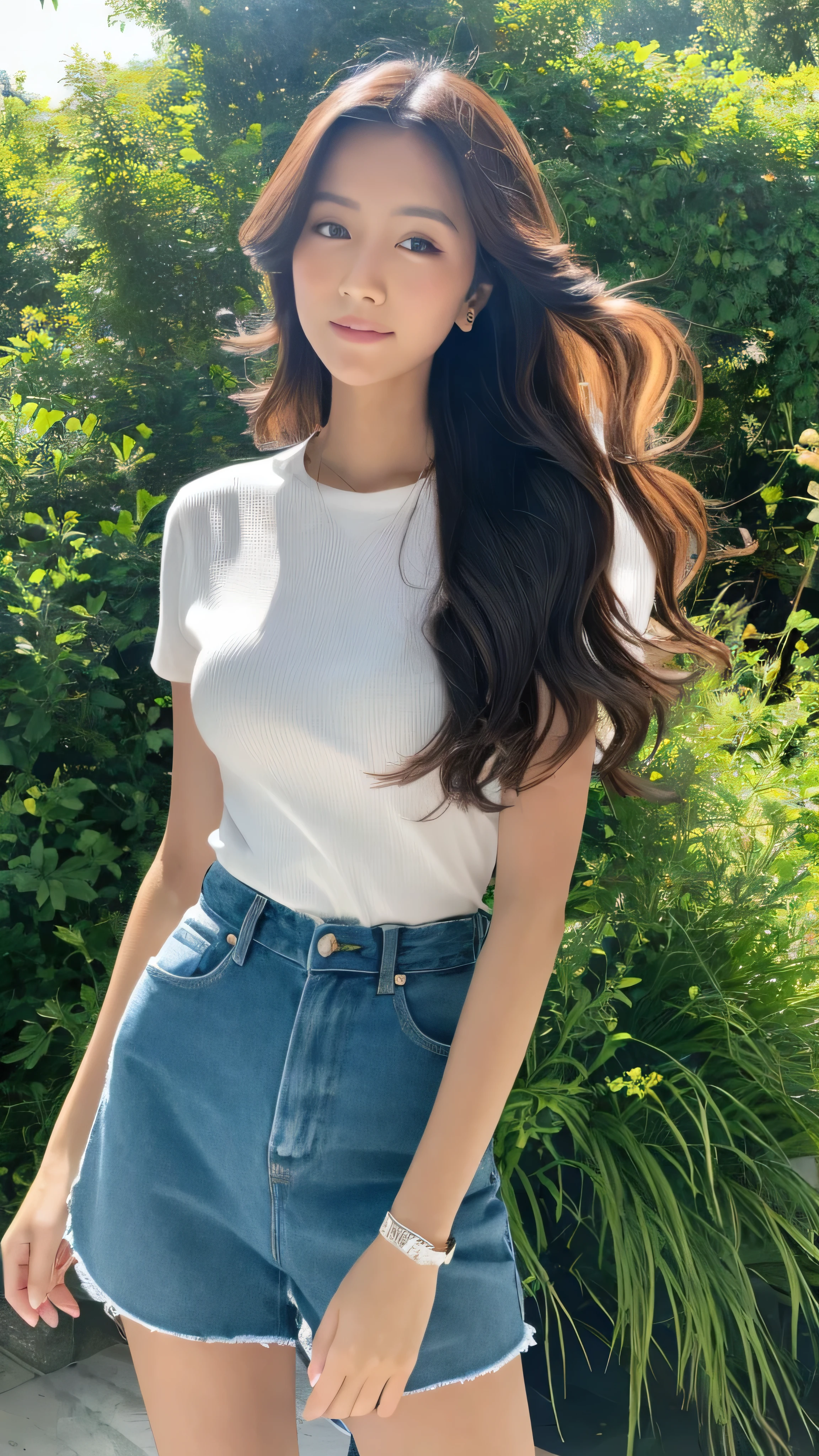 A woman in a white top and blue shorts posing for a picture - SeaArt AI