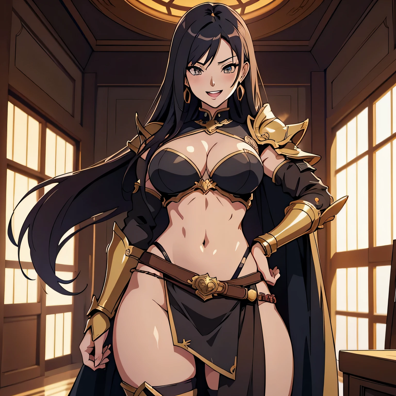 2girl, two girl, an anime drawing by Shitao, Guweiz style artwork, beautiful alluring anime , ecchi style, jewelry, earrings, complex detailed background, casino environment, fancy interior environment, rich
interior, masterpiece, best quality, highly detailed, fantasy , a anime girls in armored dress holding a sword
posing for a picture, evil smile, smile, open mouth, breastplate with open cleavage, cleavage, warrior
outfit, ecchi anime style, anime girls, ecchi style, (nsfw) not safe for work, ecchi, digital anime art!!, in
anime style, official artwork, visual novel cg, beautiful anime girl, anime style 4 k , loincloth, exposed
belly, exposed navel, exposed midriff, exposed lower belly, pencil skirt armored, castle,inside castle,
