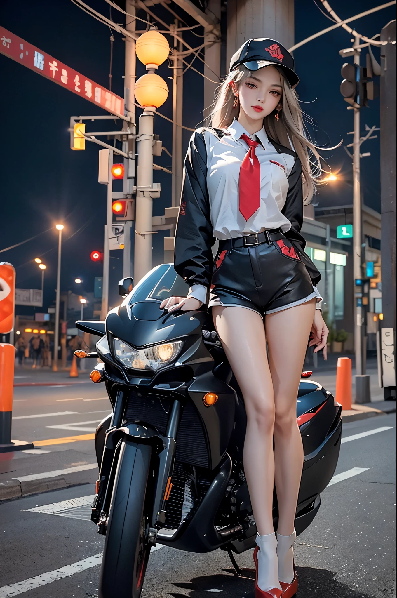 ((Boyfriend and girlfriend having sex in various positions:1.5))、((POV:1.5))、(((Spread your legs wide:1.45)))、(((Sexy panties:1.25)))、(((Sexy breasts:1.05)))、(Realistic:1.5), 8K, Super delicate beauty, 1 Girl, (a sunny day:1.5), Exquisite body detailing (Highest quality: 1.0), (Super sharp cutting edge: 1.0),(Beautiful and delicate depiction of eyes),Unreal Engine:1.4,photoRealistic:1.4, Skin Texture:1.4, masterpiece:1.8, smile、Long legs、(((A female traffic police officer in a white long-sleeved shirt uniform, Long dark blue pants, Black long boots.)))、Full Body Shot、((((Ride a police motorcycle)))、((Salute with one hand))、short hair