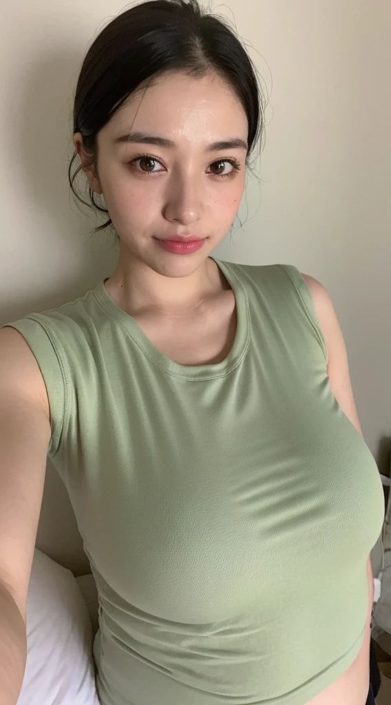 ((Best quality, 8k, bedroom, low pov, Masterpiece :1.3)), 1girl, Pretty old mom with slender abs :1.3, (Medium-short hair, curvy body, sweaty, naughty look :1.2), sweaty :1.1, Ultra-detailed face, Detailed eyes, Double eyelid, brown skin, hyper pregnant, white hijab, covered body, tight