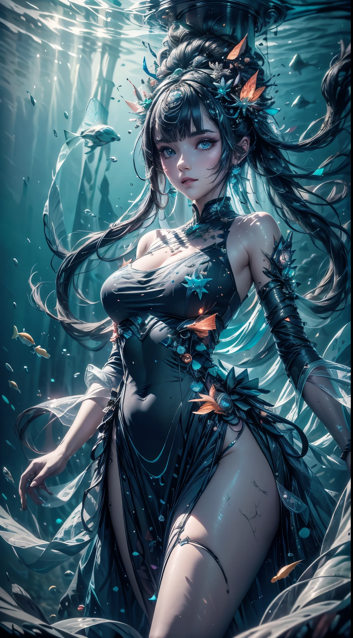 1 girl,wearing a dress，disguise，intricate dresses，dynamic pose，In a mysterious underwater space，Amazing aquatic life，with bright light，

disorganized,  incredible ridicule,  Super detailed, High resolution, very detailed,

highest quality，master piece，artistically，imaginative，C4D rendering,