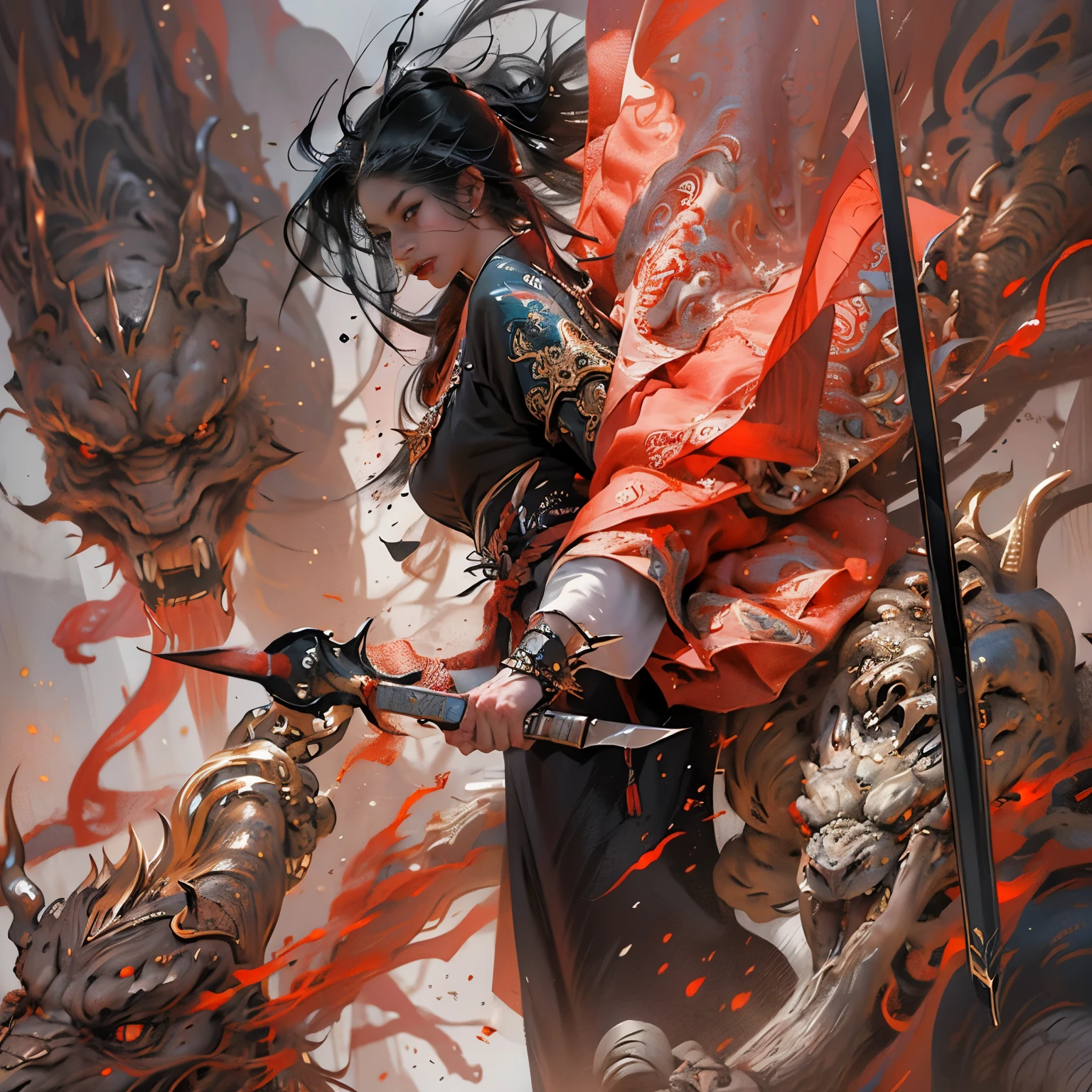 Cartoon character with umbrella and sword in fire and smoke, author:Yang Jie, Alice x. open, Epic Fantasy Digital Art style, Beautiful digital art work, wielding flaming sword, High quality digital concept art, feng zhu concept art, digital fantasy art ), raymond swanland style, chengwei pan on artstation, Epic Fantasy Digital Art, by Feng Zhu, female warrior(blood stains,die,fall down)
