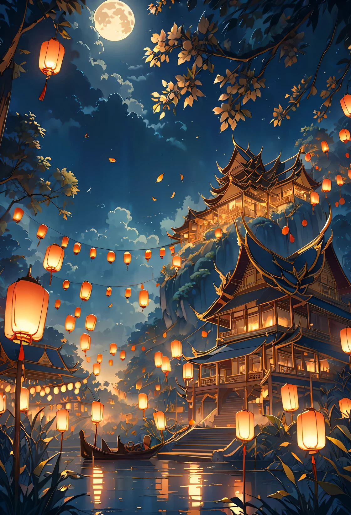 North , Lanna style, night time, full moon, Many floating lanterns in the sky, Thai architecture 2D , faded picture ,vintage color, lined, Very high quality work , Very high detail , There are many types combined... , Animation, 4k, attitude, vintage style , Thailand