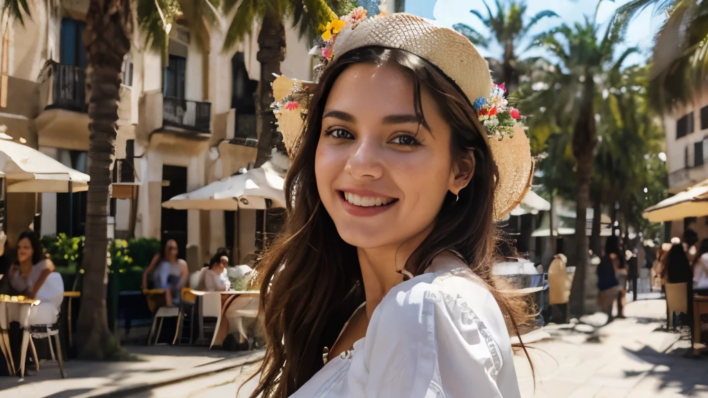 (best quality,highres,ultra-detailed:1.2), HDR, vivid colors, beautiful teen latina girl, Barcelona square, lively atmosphere, charming architecture, colorful flowers, happy people, stunning view, cozy cafe, outdoor dining, sunny weather, elegant white dress, stylish hat, joyful expression, long flowing hair, vibrant street performers, bustling crowd, street musicians, mouthwatering food stands, historical landmarks, mosaic pavement, decorative fountains, palm trees, blue sky, warm sunshine, laughter and laughter, carefree moments, 4k, enchanting smile, blue eyes, cannon shot, 85 mm, slight depth of field, kodak color vision, body in perfect shape, extremely detailed, Photography_\(Ultra\), photorealism, realistic, post-op, maximum detail, roughness, real life, ultra-realistic, photorealism, photography, 8k UHD, photography