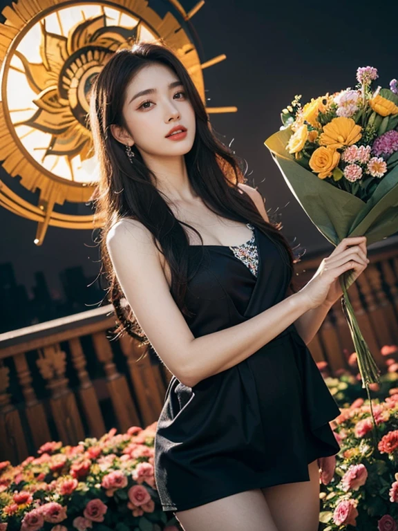 official art, unified 8k wallpaper, Super detailed, beautiful beauty, beautiful, masterpiece, best quality, (ztwist, mandala, , twist), (ecstasy of flowers: 1.2) dynamic angle, Cowboy shooting, The most beautiful form of chaos, grace, brutalist design, bright colors, , atmosphere, Golden Crow, sun god, merit, fire,