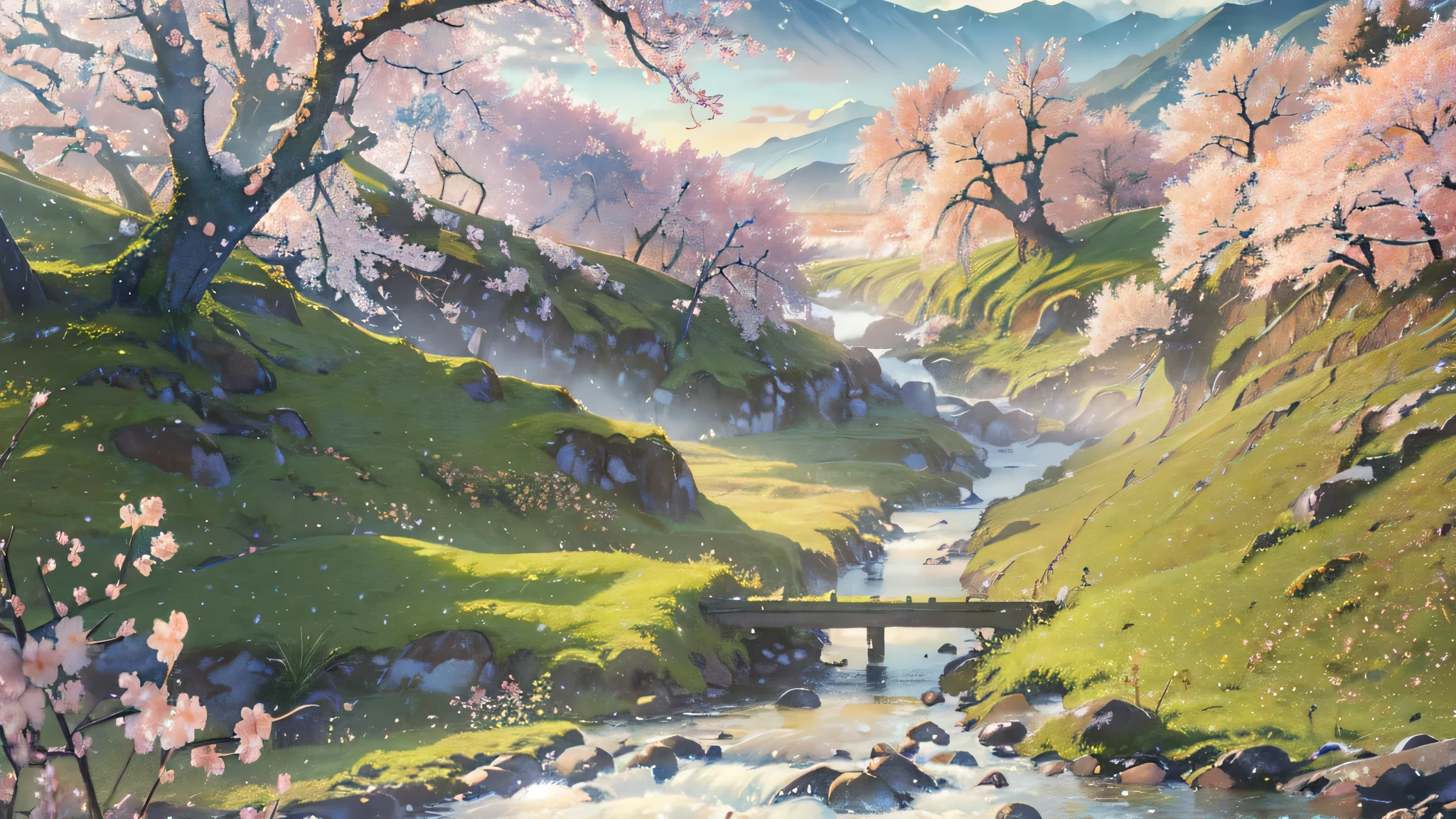 (masterpiece, best quality:1.2), super detailed, Light, high dynamic range, illustration, landscape, sunrise, Cherry blossoms, touch, chill, inspirational,Liuhua Jingxuepo,Maiyu swells in stream field,The grass was dyed green by the rain,Peach blossoms bloom on the water,wet apricot blossom rain,Blowing noodles does not chill willow wind,