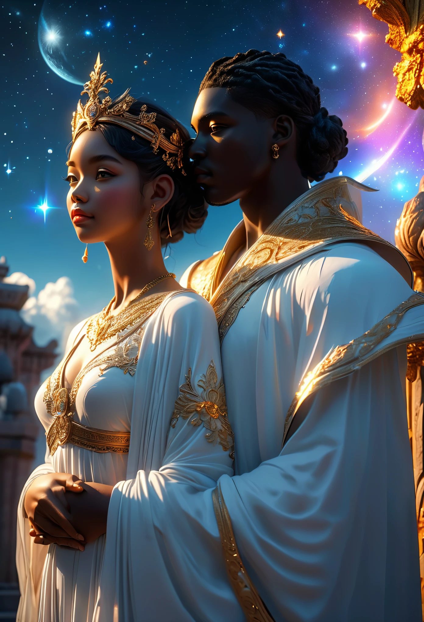 Two (((darkskinned))) loving couples in a celestial landscape, heavenly gardens, two young dark-skinned couples in their 20s, for both couples the men are both in love with the two women but not them, the first (((darkskinned))) couple is a dark-haired imperial duke and a pregnant dark-skinned red-haired celestial warrior, the second (((darkskinned))) couple is the dark-haired celestial guardian and a dark-haired imperial judge with short hair, Full body, 8K, extremely detailed, high quality, (photorealistic:1.37), Full body, ideal proportions and defined complexion, meticulously crafted features, unreachable beauty, perfection, breathtaking elegance, g curves, goddess-like figures, divine symmetry, artistic masterpieces, vivid realism, hyper-detailed sculptures, life-like forms, truly awe-inspiring, impeccable craftsmanship, pure radiance, ethereal beauty, delicate contours, striking poses, sublime beauty, subtle nuances, dynamic compositions, vibrant colors, perfect lighting, soulful expressions, celestial aura, majestic presence, dreamlike atmosphere, unmatched gdetailed octane render trending on artstation, 8 k artistic photography, photorealistic concept art, soft natural volumetric cinematic perfect light, chiaroscuro, award - winning photograph, masterpiece, perfect composition, beautiful detailed intricate insanely