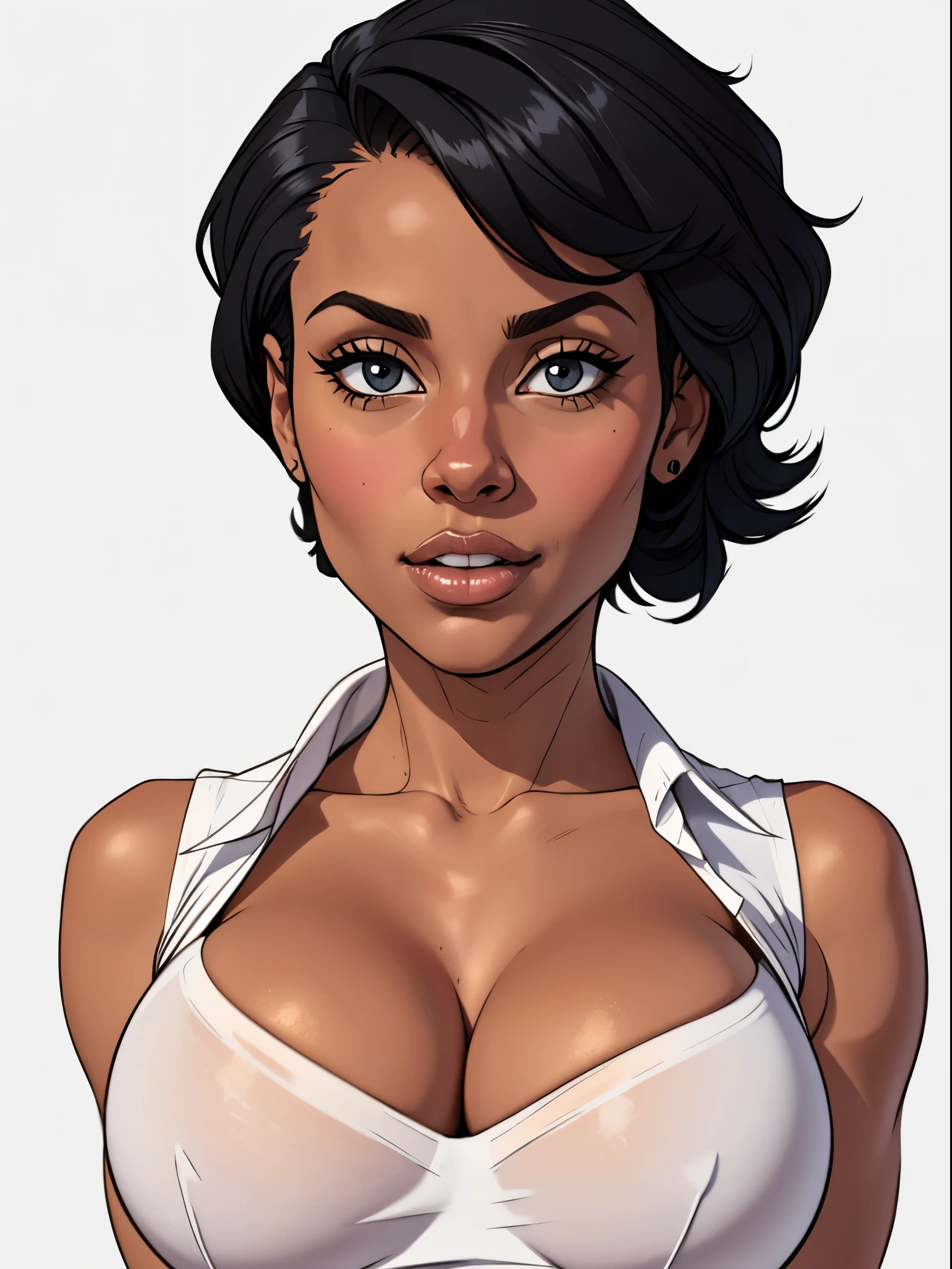 (Sexy) Middle aged stepmom, milf, dark skin, beatiful black woman,shirt-less, large fake breasts, breasts exposed,  portrait, highly detailed, modern urban style, simple white backdrop, white background 