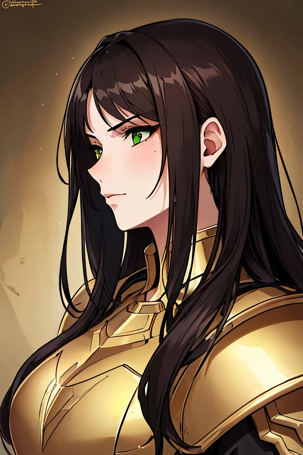 ((masterpiece)), ((best quality)), 1girl, adult, big bust, ((dark hair)), ((intimidant look)), ((close-up)), profile image, golden clothes, sexy, dark colors, green eyes, armored, gold armor