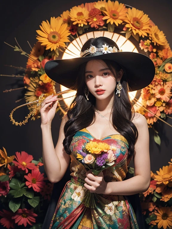 there is a woman in a dress and hat holding a bouquet of sunflowers, inspired by 🌺 cgsociety, beautiful sunflower anime girl, inspired by Xie Sun, artwork in the style of guweiz, inspired by , trending on cgstation, inspired by, guweiz, with flowers '(1 girl) hot model full body beach background