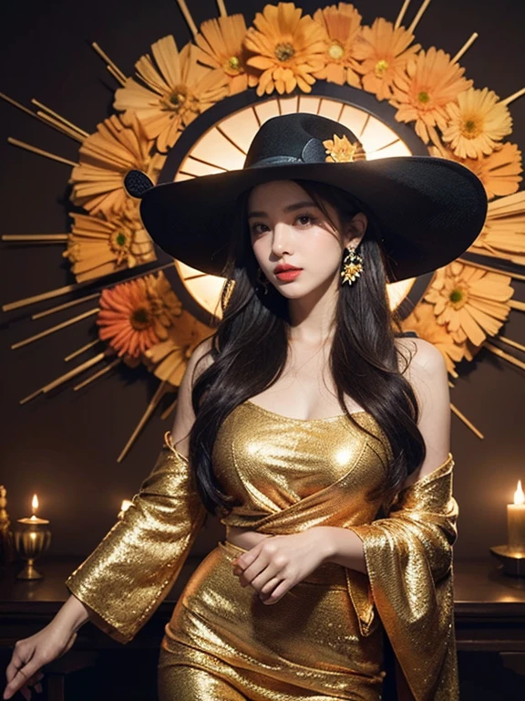 official art, unified 8k wallpaper, Super detailed, beautiful beauty, beautiful, masterpiece, best quality, (ztwist, mandala, , twist), (ecstasy of flowers: 1.2) dynamic angle, Cowboy shooting, The most beautiful form of chaos, grace, brutalist design, bright colors, , atmosphere, Golden Crow, sun god, merit, fire,