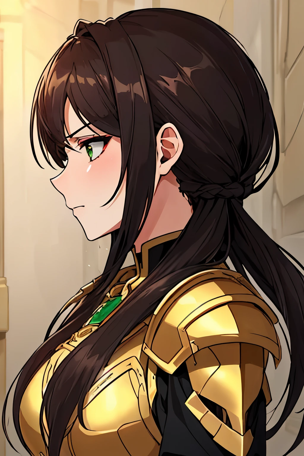 ((masterpiece)), ((best quality)), 1girl, adult, big bust, ((dark hair)), ((intimidant look)), ((close-up)), profile image, golden clothes, sexy, dark colors, green eyes, full body, armored, gold armor