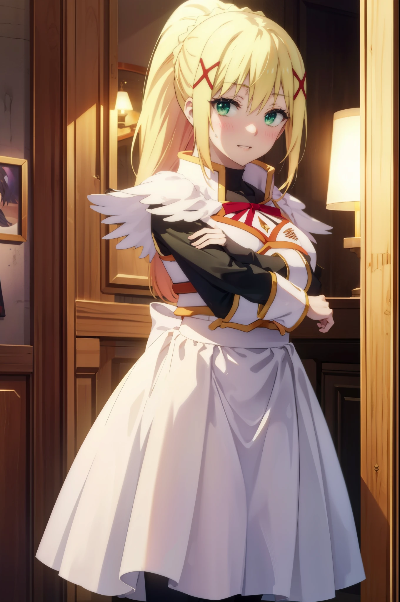 lalatina dustis ford, dustis ford in latin, darkness \(KonoSuba\), long hair, (green eyes:1.3), blonde hair, hair ornaments, blush,open your mouth,grin,ponytail, Braid, x hair ornaments,headdress, dress, apron, ロングskirt,white pantyhose,loafers,happy smile, smile, open your mouth,skirt, skirt lift, 自分で持ち上げる
break indoor, luxury room,
break looking at viewer, (cowboy shot:1.5),
break (masterpiece:1.2), highest quality, High resolution, unity 8k wallpaper, (shape:0.8), (fine and beautiful eyes:1.6), highly detailed face, perfect lighting, Very detailed CG, (perfect hands, perfect anatomy),