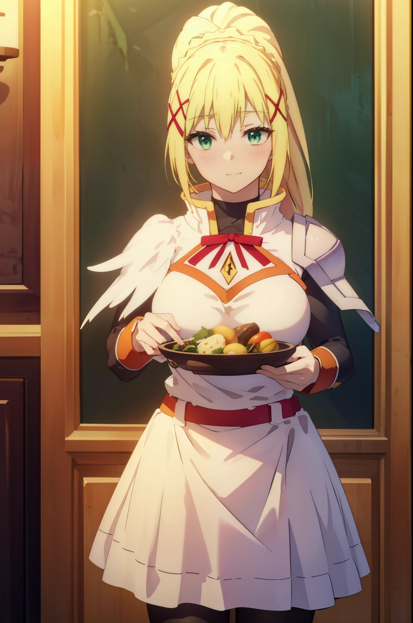 lalatina dustiness ford, lalatina dustis ford, darkness \(KonoSuba\), long hair, (green eyes:1.3), blonde hair, hair ornaments, blush,open your mouth,grinning,ponytail, Braid, x hair ornaments,headdress, dress, apron, long skirt,white pantyhose,loafers,lifting the skirt with both hands,
break indoor, Luxury Rooms,
break looking at viewer, (cowboy shot:1.5),
break (masterpiece:1.2), highest quality, High resolution, unity 8k wallpaper, (figure:0.8), (detailed and beautiful eyes:1.6), highly detailed face, perfect lighting, Very detailed CG, (perfect hands, perfect anatomy),