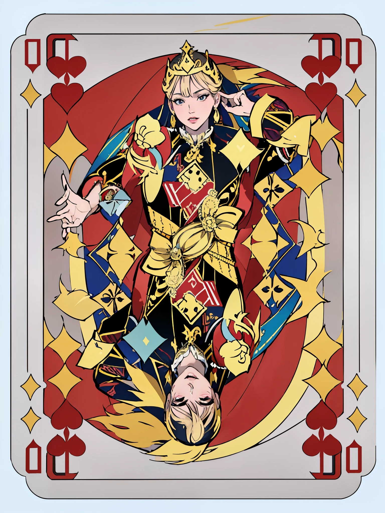 (best quality,4k,8k,highres,masterpiece:1.2),ultra-detailed,(realistic,photorealistic,photo-realistic:1.37),symmetrical design card,Queen of Hearts,illustration,gold foiling,embossed texture,diamond-shaped patterns,vibrant colors,ornate detailing,charming and regal,playing card motif,elegant symmetry