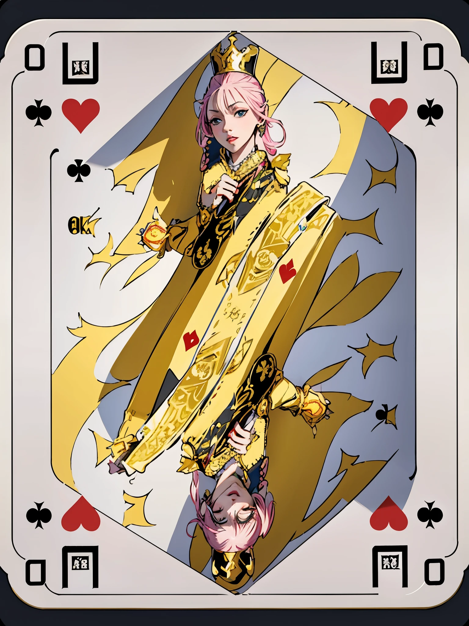 (best quality,4k,8k,highres,masterpiece:1.2),ultra-detailed,(realistic,photorealistic,photo-realistic:1.37),symmetrical design card,Queen of Hearts,illustration,gold foiling,embossed texture,diamond-shaped patterns,vibrant colors,ornate detailing,charming and regal,playing card motif,elegant symmetry