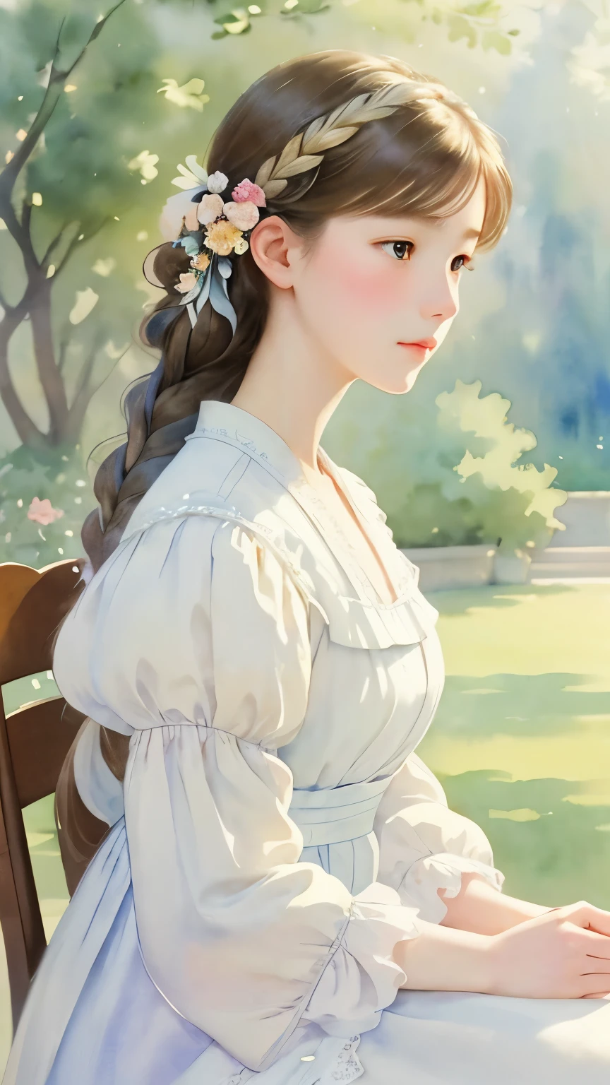(Sargent style watercolor)、(highest quality、masterpiece)、soft light、one woman、17 years old、painterly、sketch、very delicate、wall with cloud-like pattern、french braid、carefully drawn hair、(flowing white dress)、Floral、delicate depiction、Bright colors overall、Gentle color、Taisho romance、dreamy atmosphere, (vintage, classic)、