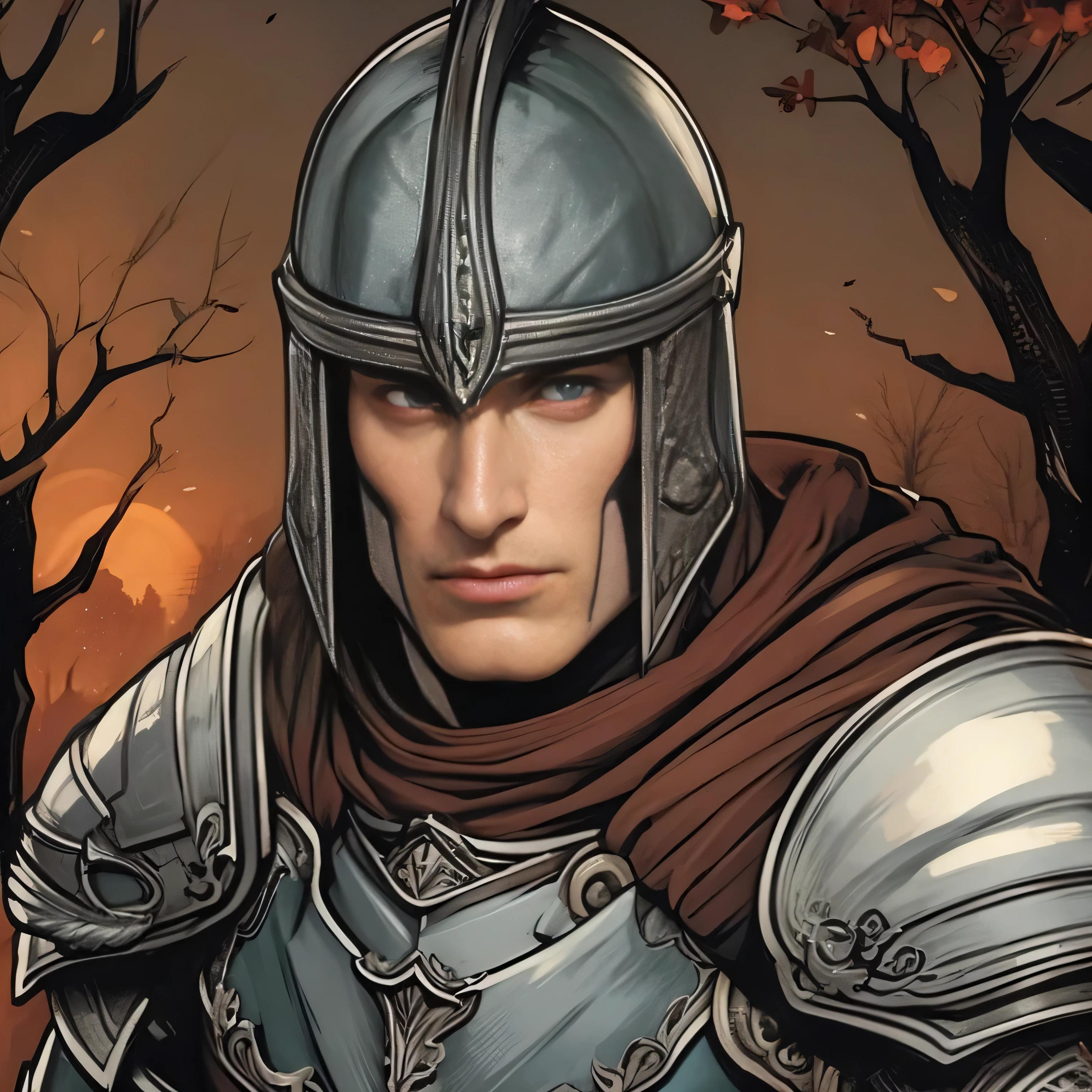 a man in armor standing in front of a tree, arsen lupin as a paladin, portrait of fin wildcloak, fantasy graphic novel style, dragonlance illustration, male paladin, a human male paladin, portrait of an elven warrior, portrait of a knight, elf knight, painting of a knight, a portrait of a male elf, portrait of knight