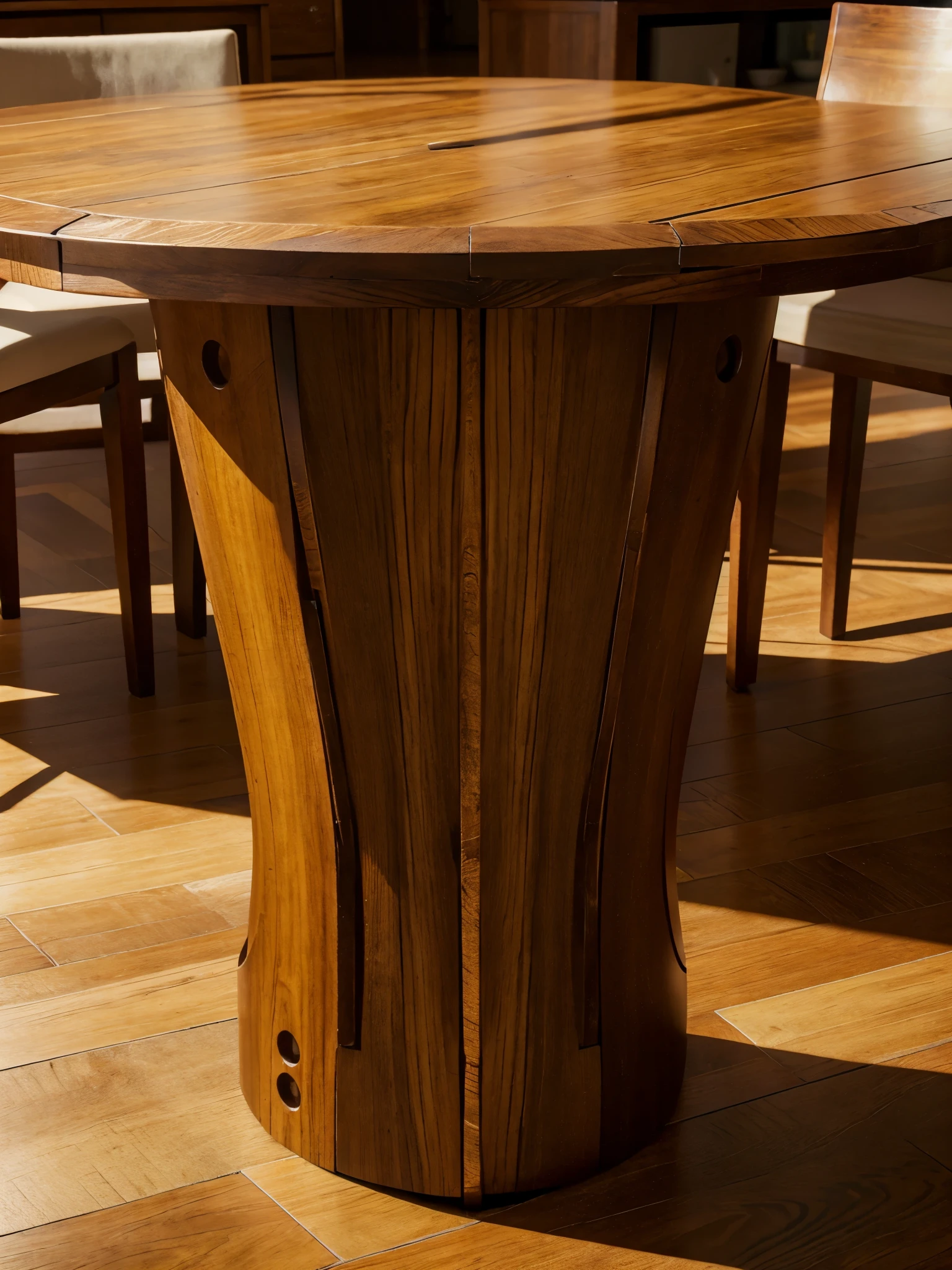 a wooden table with incredible innovative design, ela tem um vidro no centro ,madeira rustica ,imagem ultra realista, 8k,maximo detalhes.
