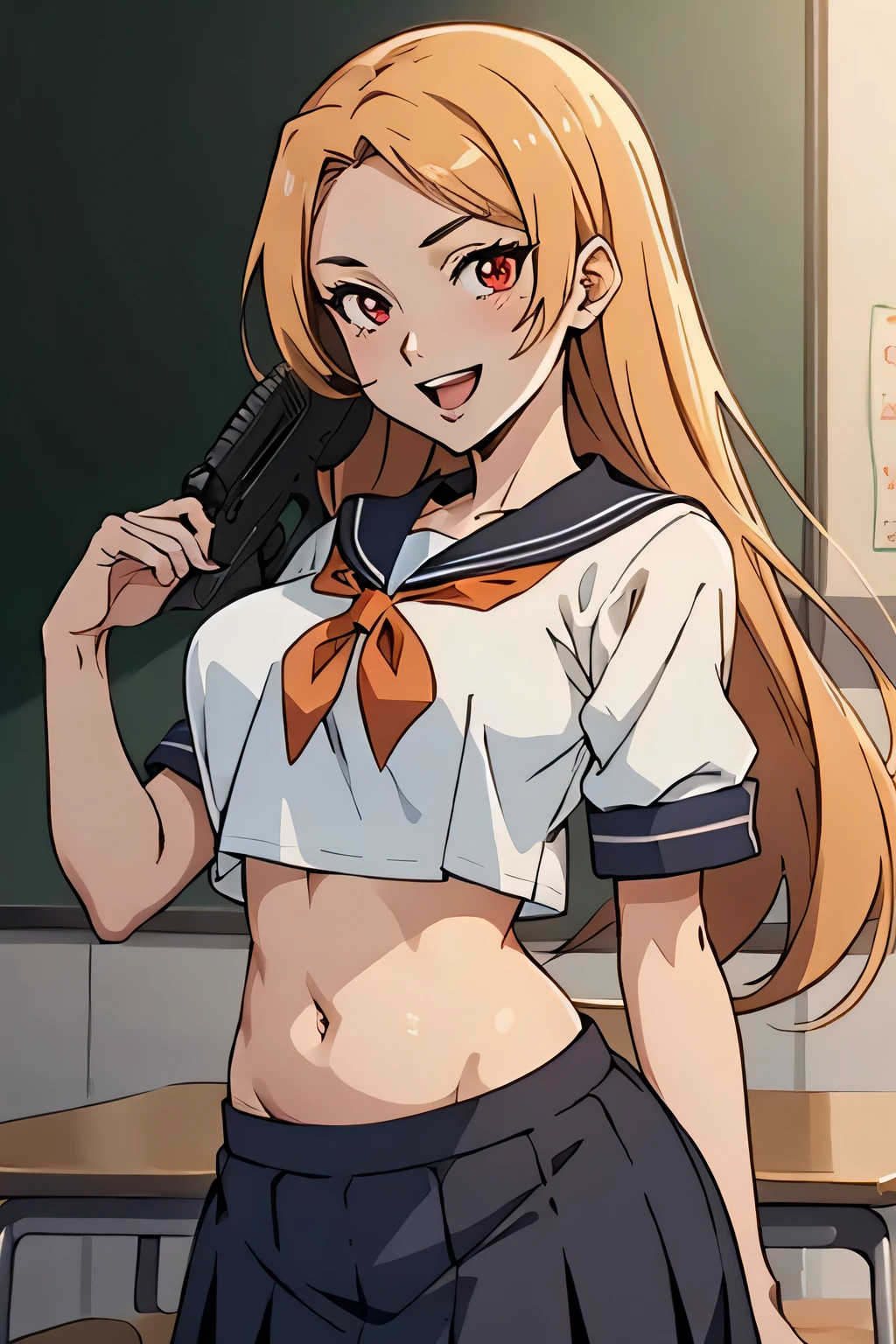 a beautiful woman with sleek orange long hair, red eyes, a delicate and enchanting face, her eyes are sharp and piercing, a cunning smile, she has a slender figure, showcasing a mature Japanese manga artistic style, extremely detailed eyes and face, high quality eyes, masterpiece, best quality, highly detailed, a anime girls in sailor uniforms with a gun posing for a picture,
evil smile, smile, open mouth,black_serafuku, ecchi anime style, anime girls , (nsfw) not safe for work,
ecchi style, ecchi, shipgirls, digital anime art!!, high school girls, in anime style, official artwork, beautiful
anime high school girl, anime style 4 k, micro skirt, exposed belly, exposed navel, exposed midriff,
exposed lower belly,school, classroom, 