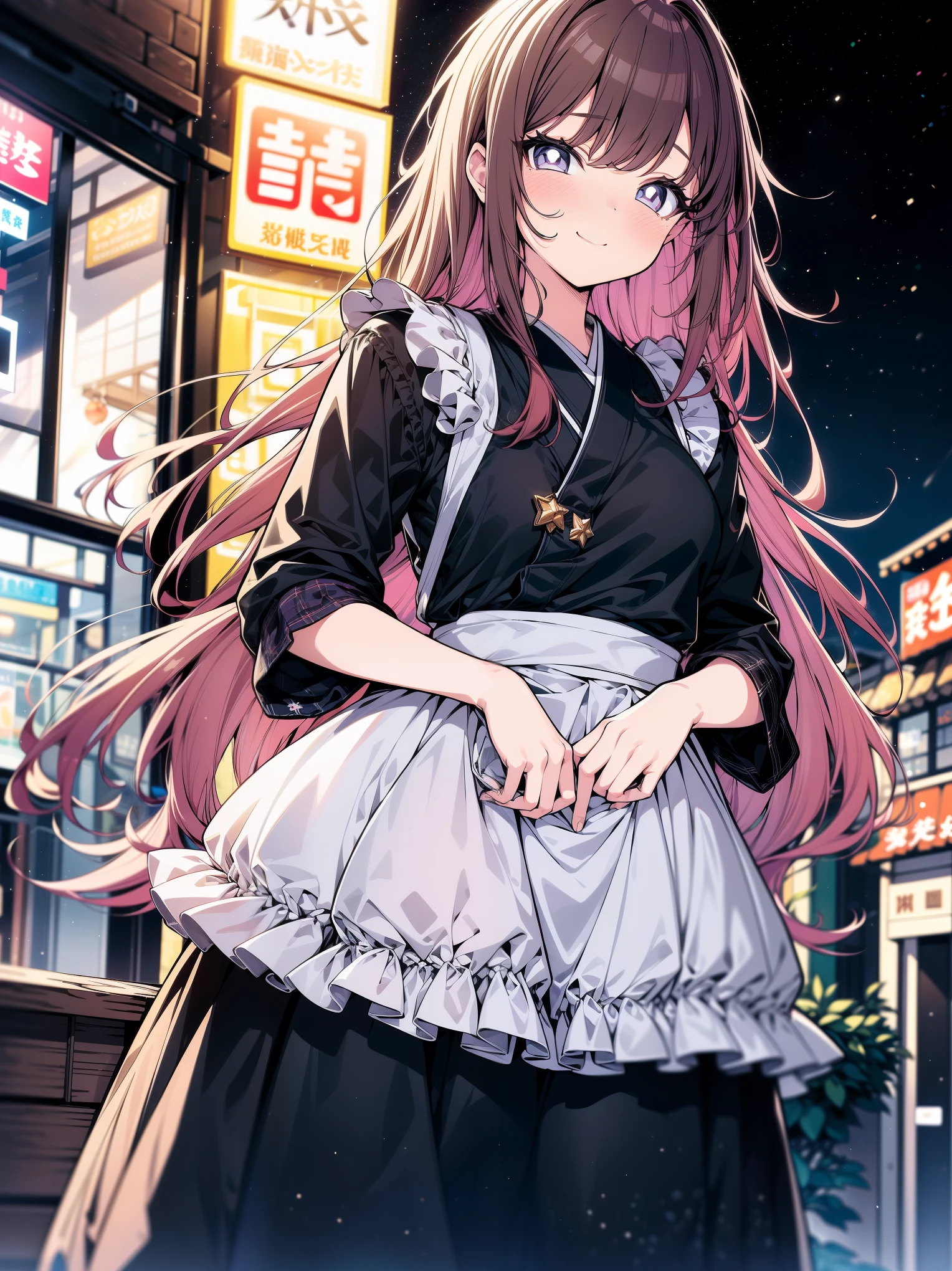 (masterpiece), (cowboy shot), (best quality, ultra-high resolution, depth of field:1.2), 1woman, adult, medium breasts, loose clothes, (wearing casual modern clothes), frills, long skirt with frills, brunette, long hair, (lavender eyes), bright eyes, starry eyes, (apron), Japanese convenience store scenery, gentle smile, sweating, starry night