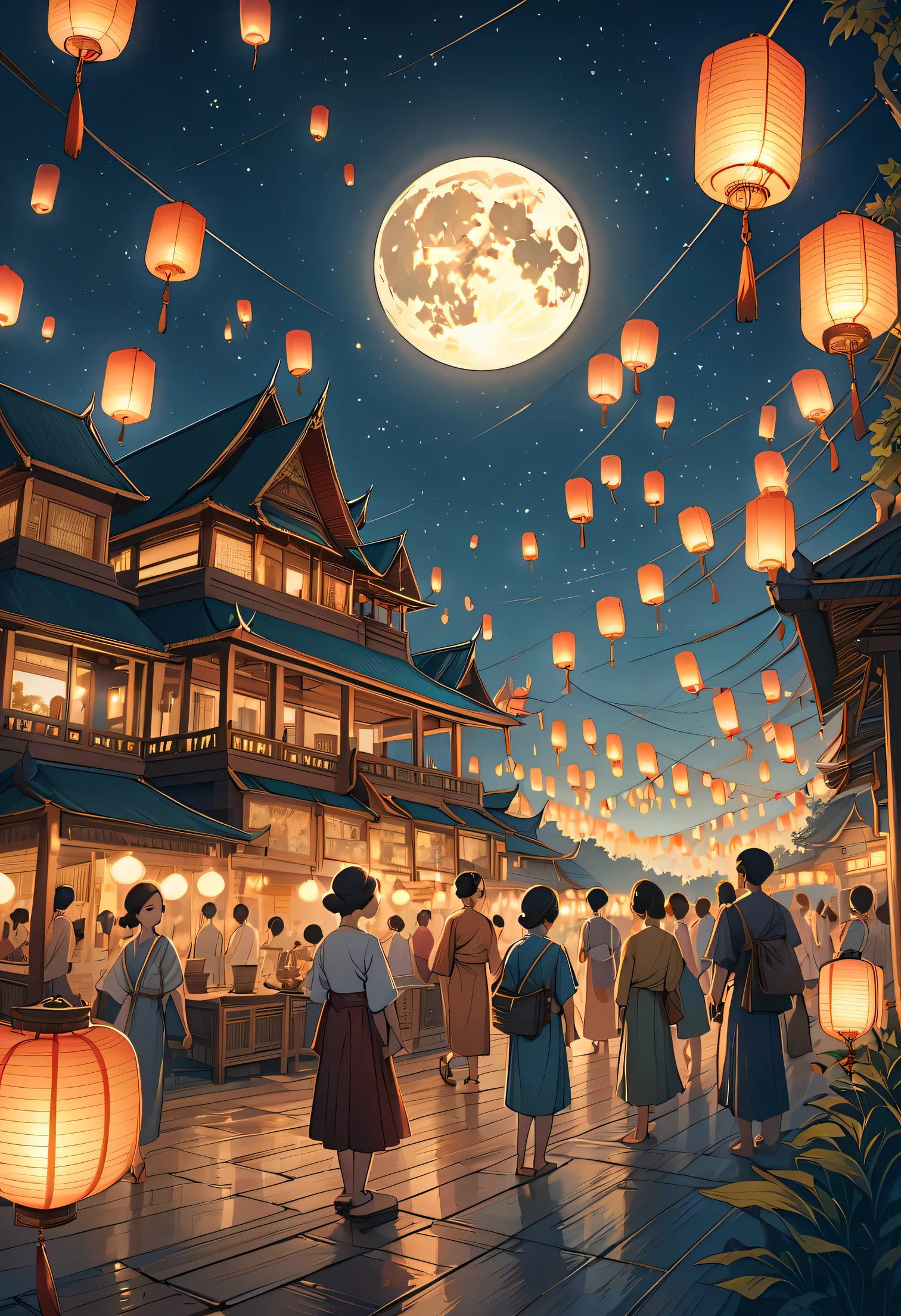 North , Lanna style, night time, full moon, Many floating lanterns in the sky, Thai architecture 2D , faded picture ,vintage color, lined, Very high quality work , Very high detail , There are many types combined... , Animation, 4k, attitude, vintage style , Thailand
