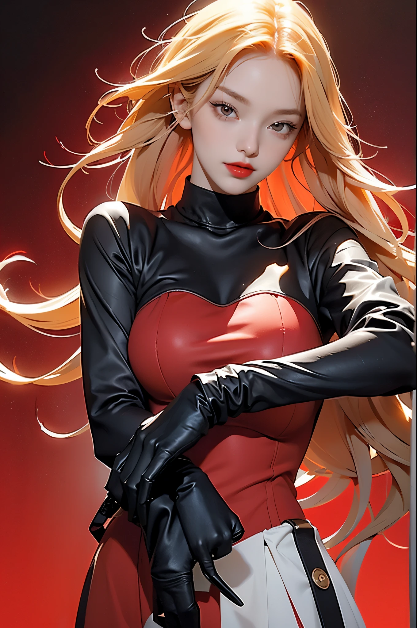 Seductive Red Rogue」Sensual vampire in short red clothes、tights、Staring at the viewer、Flowing blonde hair、menacing gaze、Sparkling vampire fangs、Stain her pale face、Large, Sharp claws are ready to pounce、In a dark vision of the city at night
