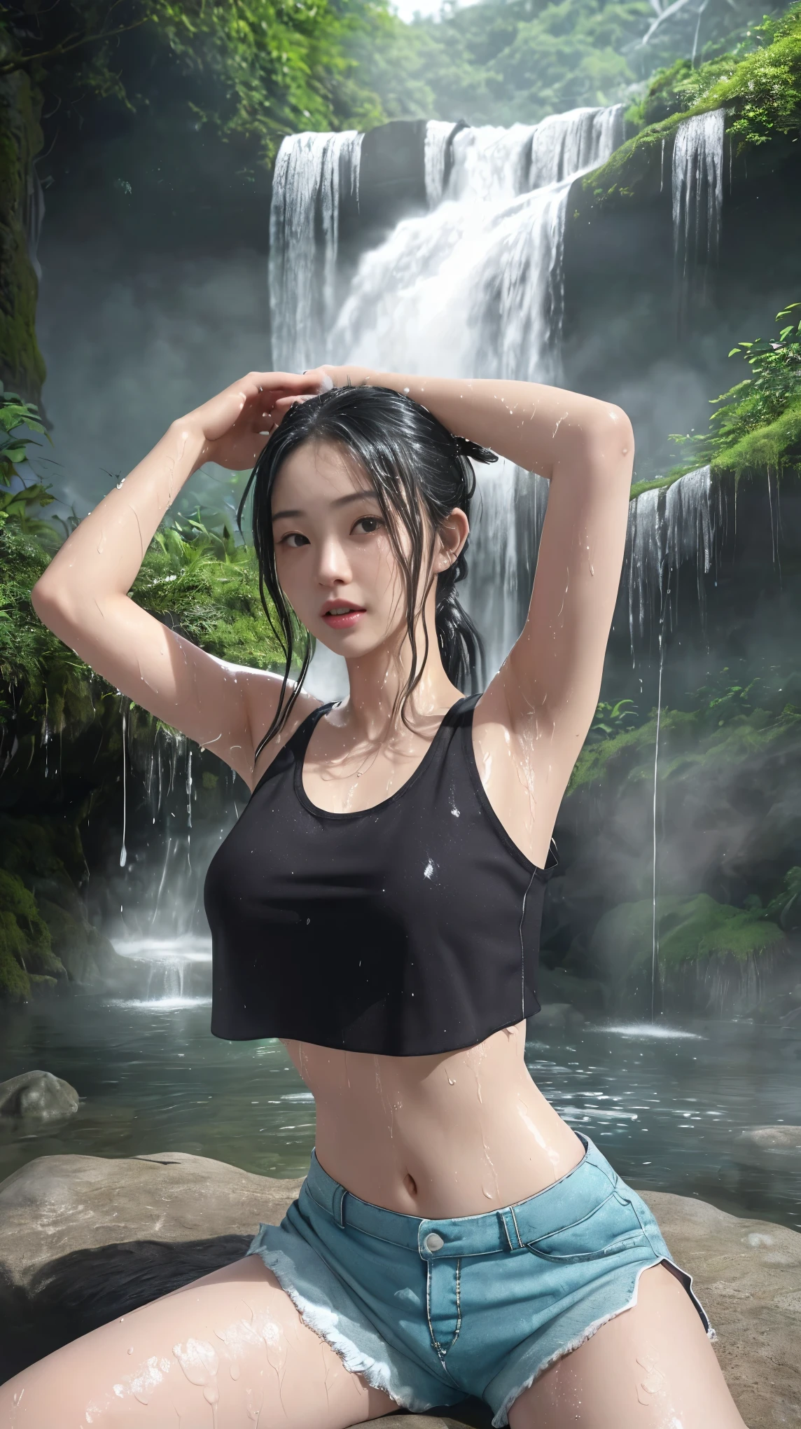 最high quality、high quality、best image quality、8k、最High resolution、High resolution、最high quality、masterpiece、RAW photo、whole body写真、Realistic human body in every detail、Realistic skin in every detail、Realistic face in every detail、Realistic eyes down to the details、Realistic lips in every detail、Realistic teeth in every detail、Realistic ears down to the last detail、Realistic hair down to the last detail、Realistic arms down to the last detail、Realistic reproduction of every detail、Realistic fingers in every detail、(fine hands、thumb1reference4)、Realistic feet in every detail、Realistic feet in every detail、Realistic breasts down to the last detail、((beautiful japanese girl))、(japanese model), (japanese woman)、((18 year old beautiful girl))、(black hair)、(straight hair)、(ponytail)、((whole body))、((beautiful upturned chest))、(stylish slim style)、(whole body光沢肌、Fair skin)、Detailed and realistic human body、detailed realistic skin、detailed realistic face、detailed realistic arms、detailed realistic fingers、Detailed realistic feet、detailed realistic breasts、today'coordination、soft natural light、jungle with waterfall、waterfalls of different heights、big waterfall、waterfall with force of water、((Sit on a rock in front of the waterfall(背景にbig waterfallが見える))、((It gets wet and see-through(shorts crop top tank top))、((bathe in waterfall water(Soaked skin from head to toe))、((Water dripping from the skin))、((shorts crop top tank topが濡れて肌に張り付く))、((shorts crop top tank topの上からでも体のラインがはっきりわかります))、((shorts crop top tank topから滴る水))、sexy pose、angle from below