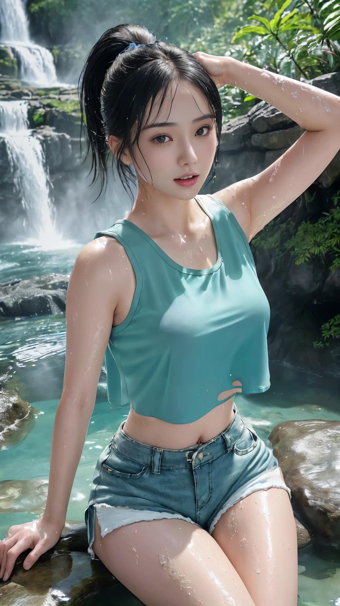 最high quality、high quality、best image quality、8k、最High resolution、High resolution、最high quality、masterpiece、RAW photo、whole body写真、Realistic human body in every detail、Realistic skin in every detail、Realistic face in every detail、Realistic eyes down to the details、Realistic lips in every detail、Realistic teeth in every detail、Realistic ears down to the last detail、Realistic hair down to the last detail、Realistic arms down to the last detail、Realistic reproduction of every detail、Realistic fingers in every detail、(fine hands、thumb1reference4)、Realistic feet in every detail、Realistic feet in every detail、Realistic breasts down to the last detail、((beautiful japanese girl))、(japanese model), (japanese woman)、((18 year old beautiful girl))、(black hair)、(straight hair)、((whole body))、((beautiful upturned chest))、(stylish slim style)、(whole body光沢肌、Fair skin)、Detailed and realistic human body、detailed realistic skin、detailed realistic face、detailed realistic arms、detailed realistic fingers、Detailed realistic feet、detailed realistic breasts、soft natural light、jungle with waterfall、waterfalls of different heights、big waterfall、waterfall with force of water、((Sit on a rock in front of the waterfall(背景にbig waterfallが見える))、((It gets wet and see-through(miniskirt crop top tank top))、((bathe in waterfall water(Soaked skin from head to toe))、((Water dripping from the skin))、((miniskirt crop top tank topが濡れて肌にピタッと張り付く))、((濡れたminiskirt crop top tank topの上からでも体のラインがはっきりわかります))、((miniskirt crop top tank topから滴る水))、sexy pose、angle from below