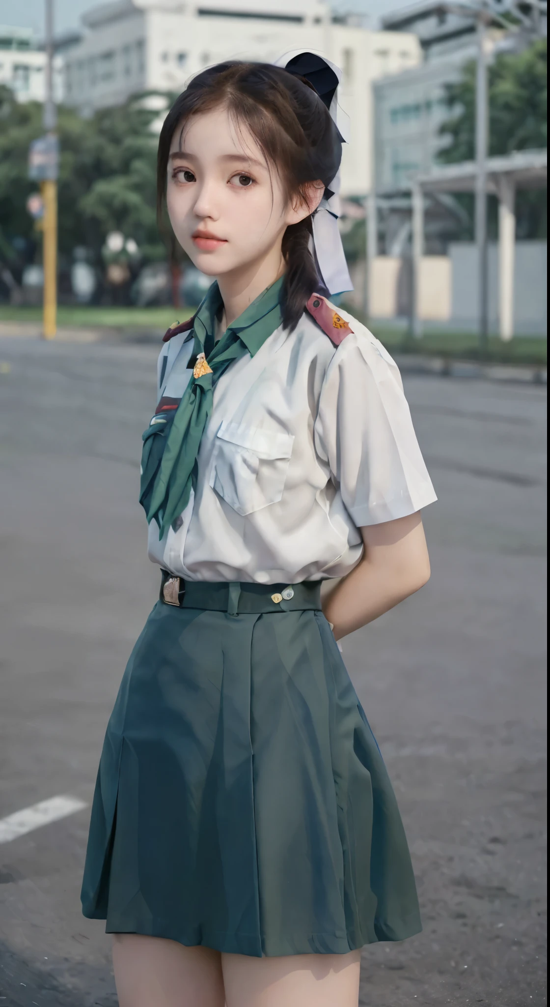 Portrait photos of cute young girl wearing scout uniform, mini skirt, white skin, ponytail hair, slender shape, daylight time, outdoor, centre of Thailand city, realistic