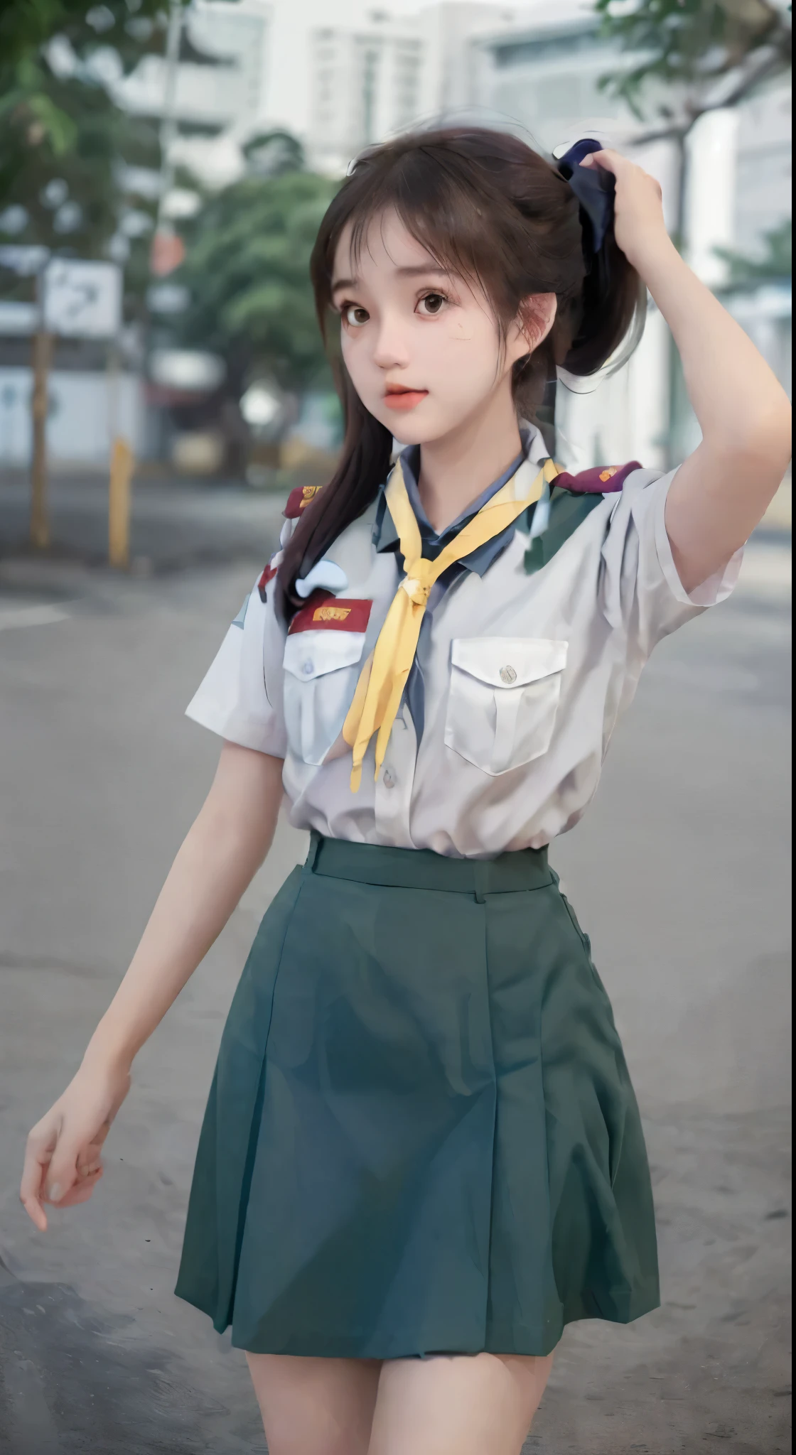 Portrait photos of cute young girl wearing scout uniform, mini skirt, white skin, ponytail hair, slender shape, daylight time, outdoor, centre of Thailand city, realistic