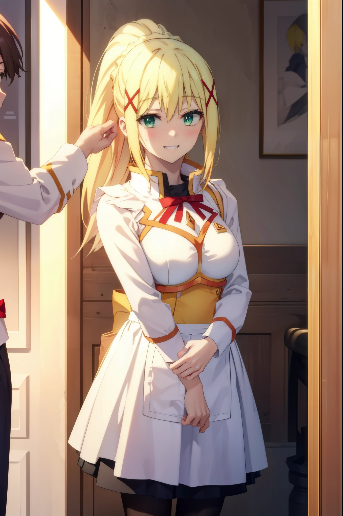 lalatina dustis ford, dustis ford in latin, darkness \(KonoSuba\), long hair, (green eyes:1.3), blonde hair, hair ornaments, blush,open your mouth,grin,ponytail, Braid, x hair ornaments,headdress, dress, apron, ロングskirt,white pantyhose,loafers,happy smile, smile, open your mouth,skirt, skirt lift, 自分で持ち上げる
break indoor, luxury room,
break looking at viewer, (cowboy shot:1.5),
break (masterpiece:1.2), highest quality, High resolution, unity 8k wallpaper, (shape:0.8), (fine and beautiful eyes:1.6), highly detailed face, perfect lighting, Very detailed CG, (perfect hands, perfect anatomy),