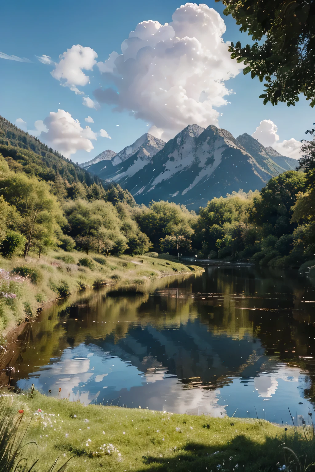 (best quality,4k,8k,highres,masterpiece:1.2),ultra-detailed,realistic,huge beautiful mountain range with lake,crystal clear water,shimmering reflection of the mountains,magical atmosphere,colorful flowers blooming on the hillsides,green lush trees and bushes,playful clouds dancing in the sky,bright sunny day,calm and peaceful setting,soft gentle breeze,smiling cartoon animals exploring the surroundings,fluffy white clouds shaped like different animals,family of ducks swimming in the lake,small wooden bridge over the flowing river,beautifully drawn cartoon style,colorful and vibrant art style,rich and lively colors,deep blue sky with scattered fluffy white clouds,warm and golden sunlight illuminating the landscape,strong contrast between light and shadow,sharp and crisp details,smooth brush strokes,painterly feel,beautifully composed scenery,eye-catching and captivating artwork.