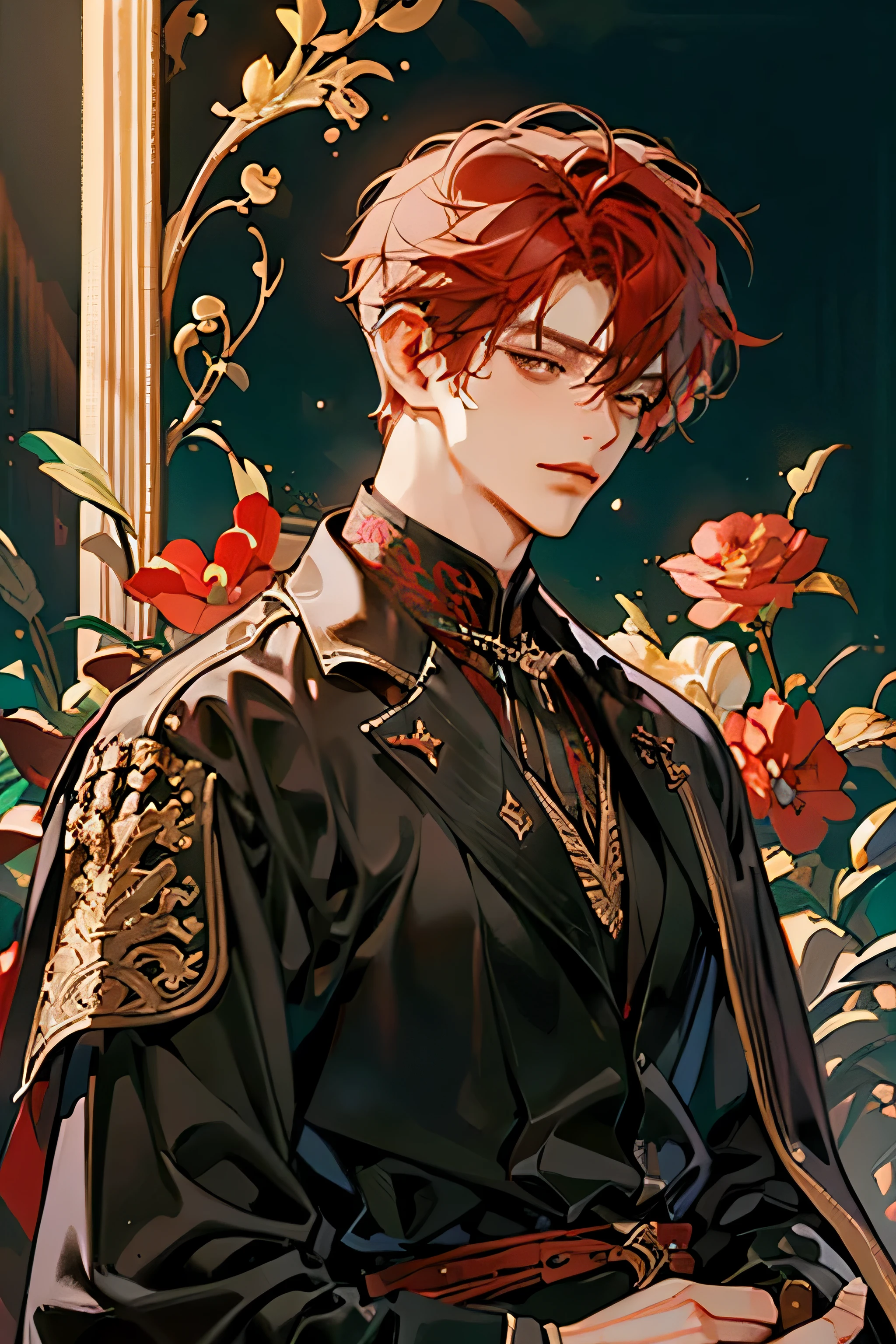 (Mejor calidad),adulto,1 hombre, male, maduro, muy alto, Elegante y fuerte, (((very short crimson hair))), ojos negros, ropa medieval estilo bohemio, , Fondo ricamente texturizado, soft lighting, estilo retrato, estilo de pintura, colores profundos