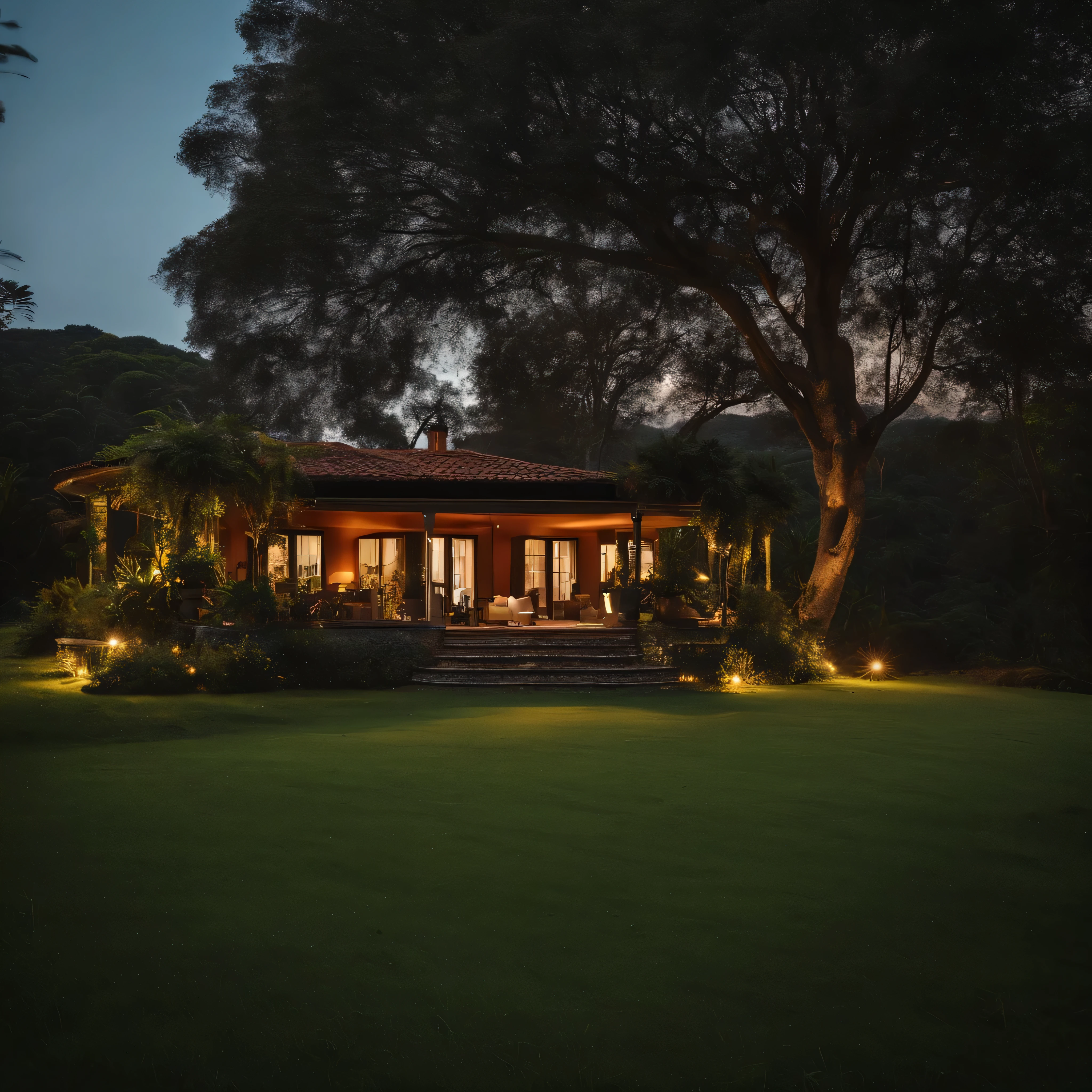 Casa simples no campo, surrounded by trees, com uma varanda na frente