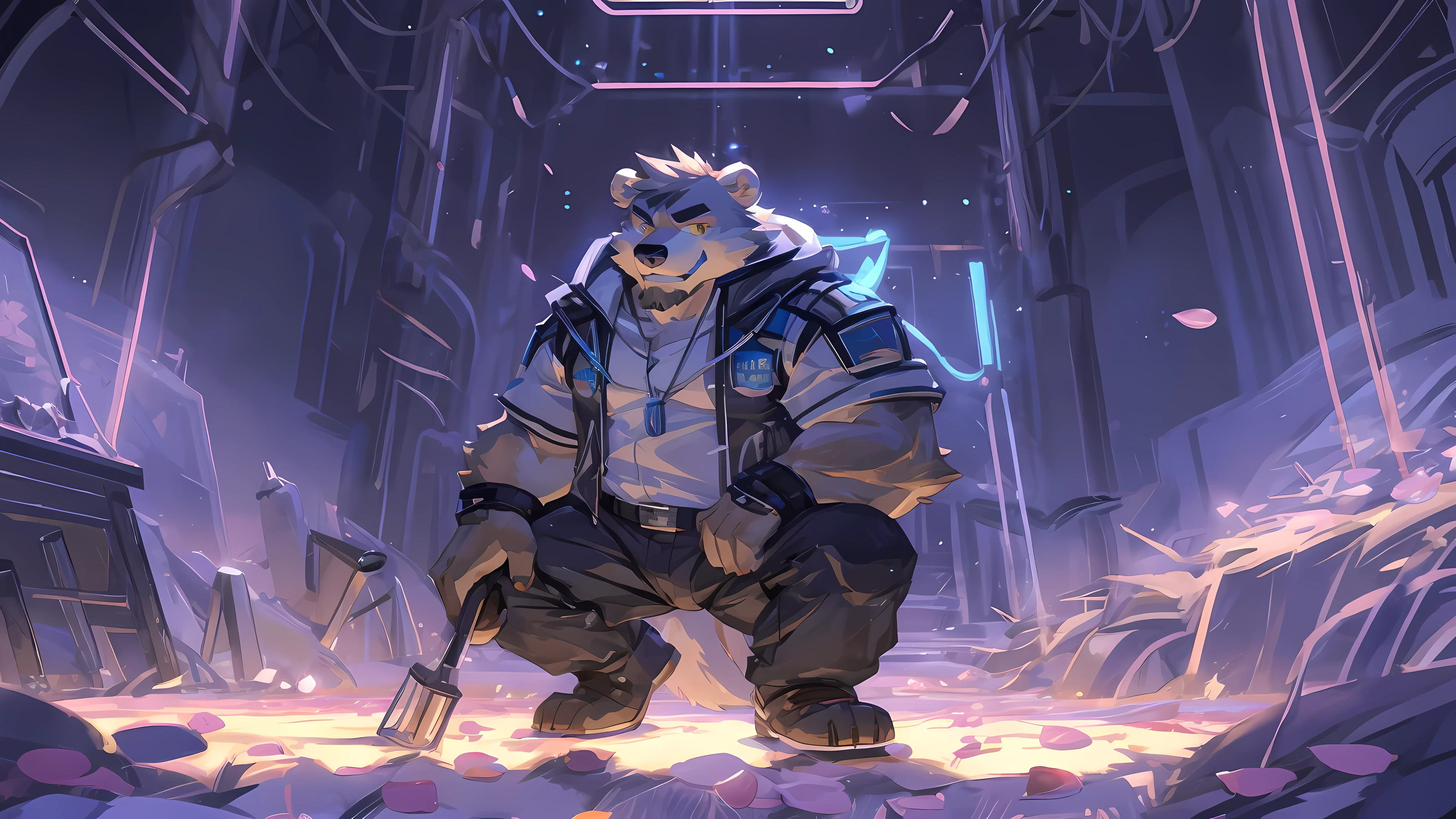 (masterpiece:1.2), best quality,pixiv,official art,(Light线追踪, Light), (Petals in the sky :1.3), (1_male:1.3), (alone:1.2) , portrait , (muscle), (gray fur:1.4), (muscle bear), (bear tail), (beard:1.2), (闪闪发Light的金色眼睛), thick eyebrows, cyberpunk, neon Light, black vest,White open hoodie, cargo shorts , Salar de Uyuni ,reflection, looking at the audience, whole body