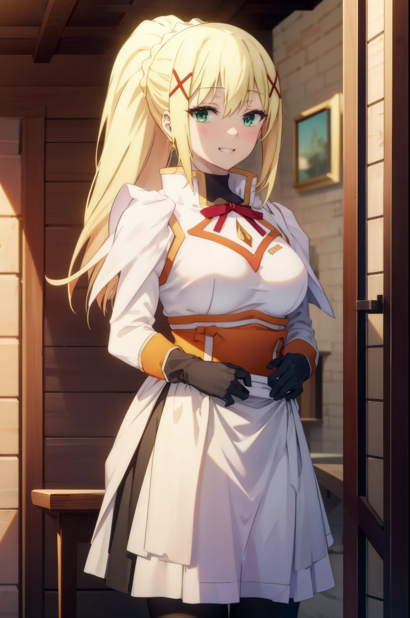 lalatina dustis ford, dustis ford in latin, darkness \(KonoSuba\), long hair, (green eyes:1.3), blonde hair, hair ornaments, blush,open your mouth,grin,ponytail, Braid, x hair ornaments,headdress, dress, apron, ロングskirt,white pantyhose,loafers,happy smile, smile, open your mouth,skirt, skirt lift, 自分で持ち上げる
break indoor, luxury room,
break looking at viewer, (cowboy shot:1.5),
break (masterpiece:1.2), highest quality, High resolution, unity 8k wallpaper, (shape:0.8), (fine and beautiful eyes:1.6), highly detailed face, perfect lighting, Very detailed CG, (perfect hands, perfect anatomy),