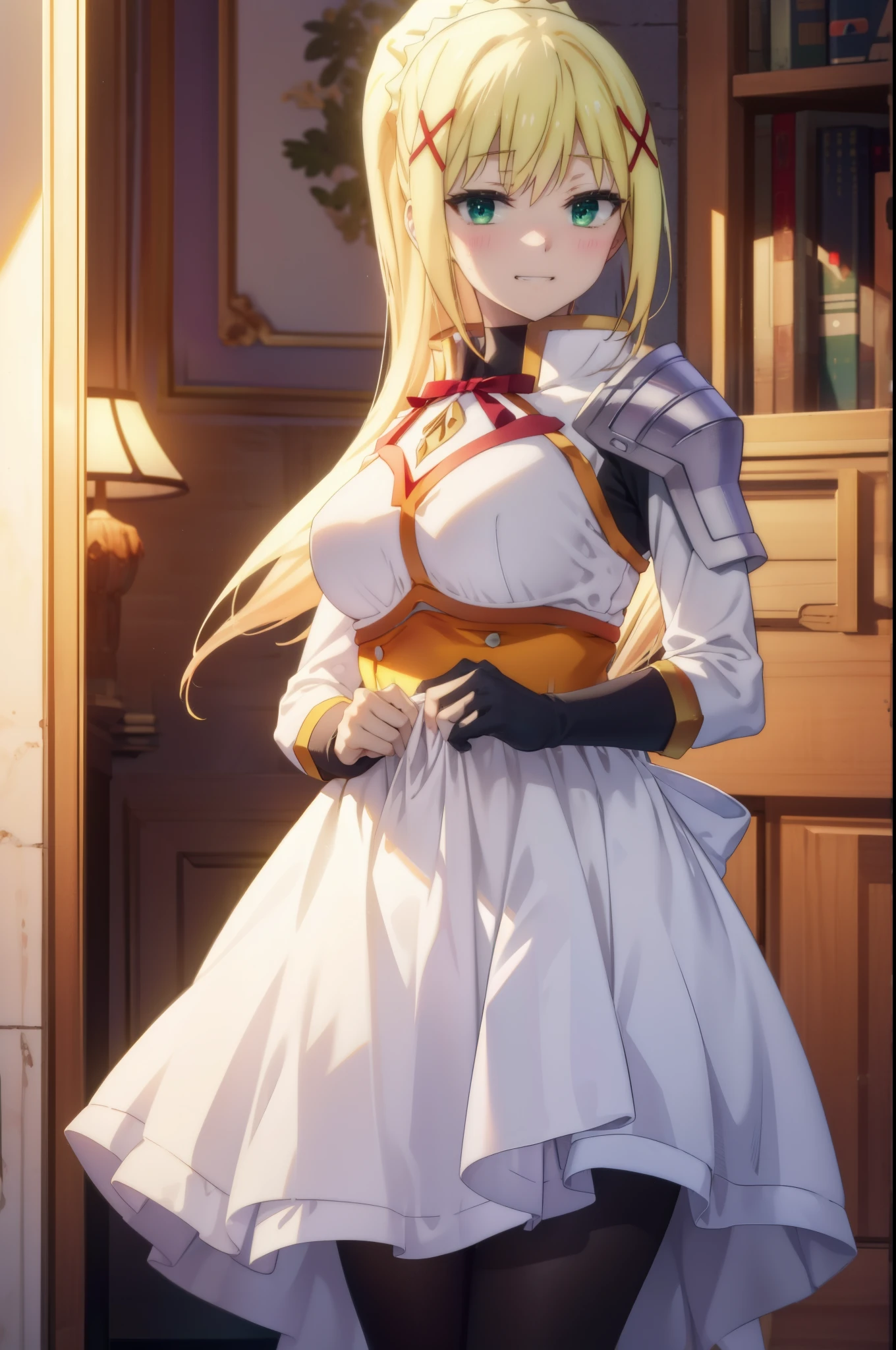 lalatina dustis ford, dustis ford in latin, darkness \(KonoSuba\), long hair, (green eyes:1.3), blonde hair, hair ornaments, blush,open your mouth,grin,ponytail, Braid, x hair ornaments,headdress, dress, apron, ロングskirt,white pantyhose,loafers,happy smile, smile, open your mouth,skirt, skirt lift, 自分で持ち上げる
break indoor, luxury room,
break looking at viewer, (cowboy shot:1.5),
break (masterpiece:1.2), highest quality, High resolution, unity 8k wallpaper, (shape:0.8), (fine and beautiful eyes:1.6), highly detailed face, perfect lighting, Very detailed CG, (perfect hands, perfect anatomy),