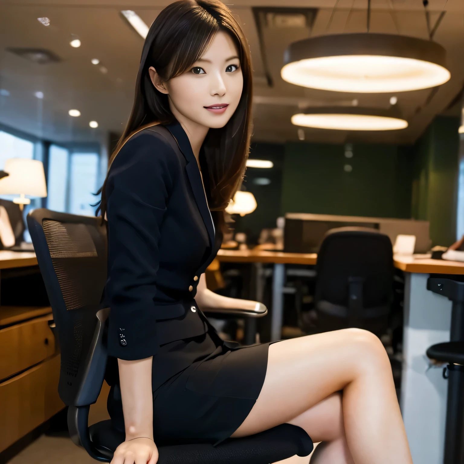 A woman in a high-level position is sitting in her office, leaning against a desk and crossing her legs.
Office lady, Japanese woman, miniskirt, high heels, black suit
Woman sitting on chair in office